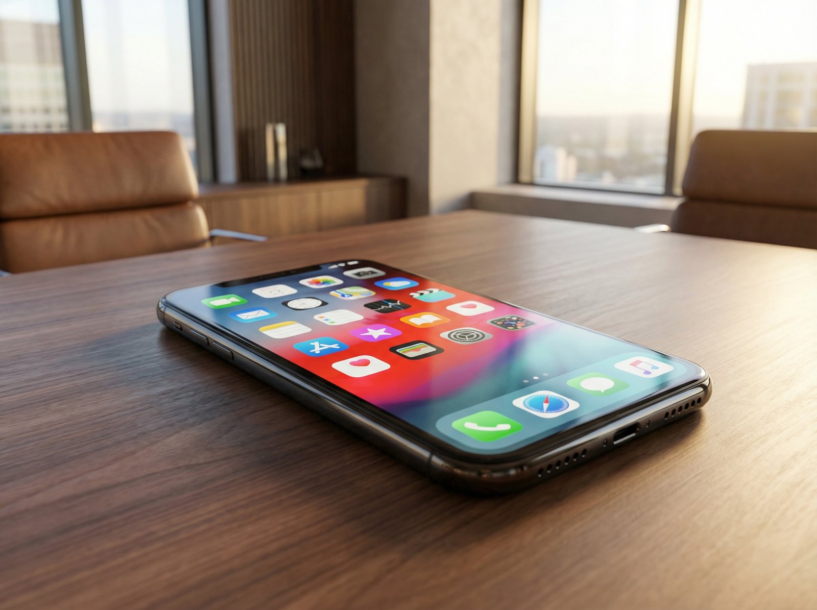 A close-up shot of a sleek, modern smartphone screen displaying a variety of colorful app icons in a high-end office environment. Soft natural sunlight hitting the device, clean and professional photography style, 4:3 aspect ratio, no text.