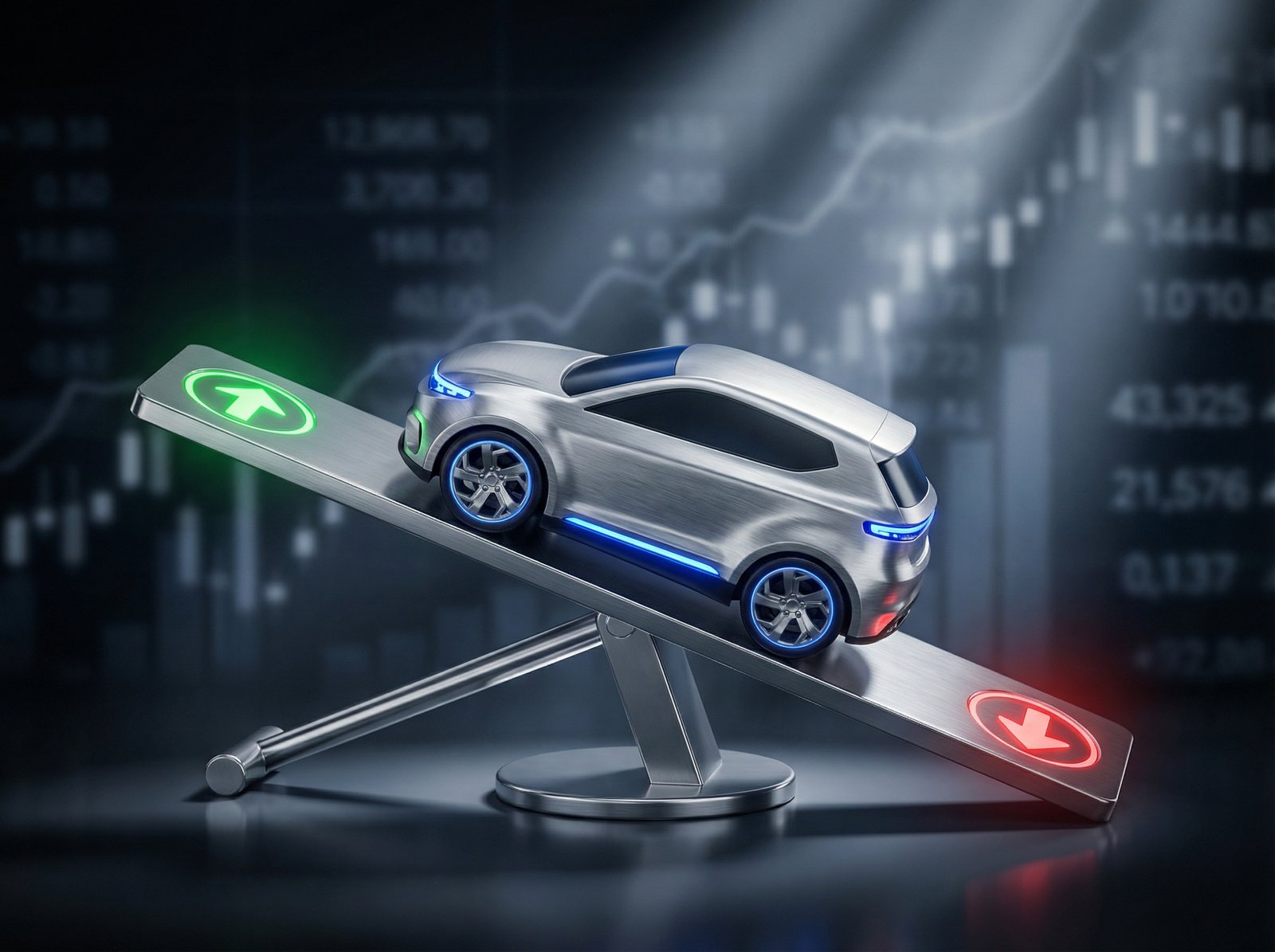 A creative conceptual image of a miniature electric car balanced on a metallic seesaw, representing stock market volatility. One side is labeled with a green upward arrow and the other with a red downward arrow (symbols only, no text). High contrast, professional studio lighting, 4:3 aspect ratio.
