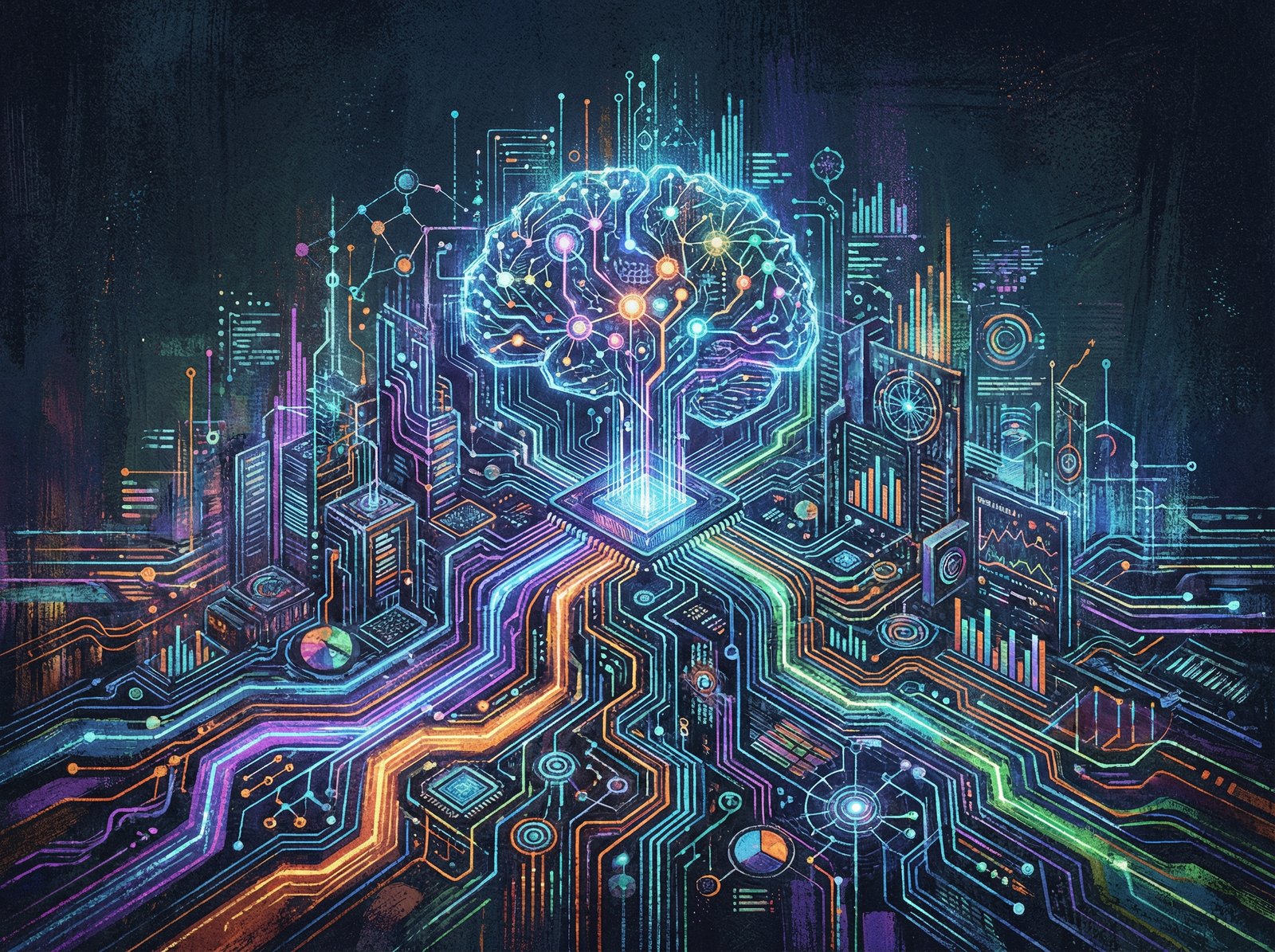 An artistic illustration of a complex software platform analyzing vast amounts of data, with digital blueprints and neural network patterns. Dark background with vibrant neon highlights, textured and detailed composition, 4:3 aspect ratio, no text.
