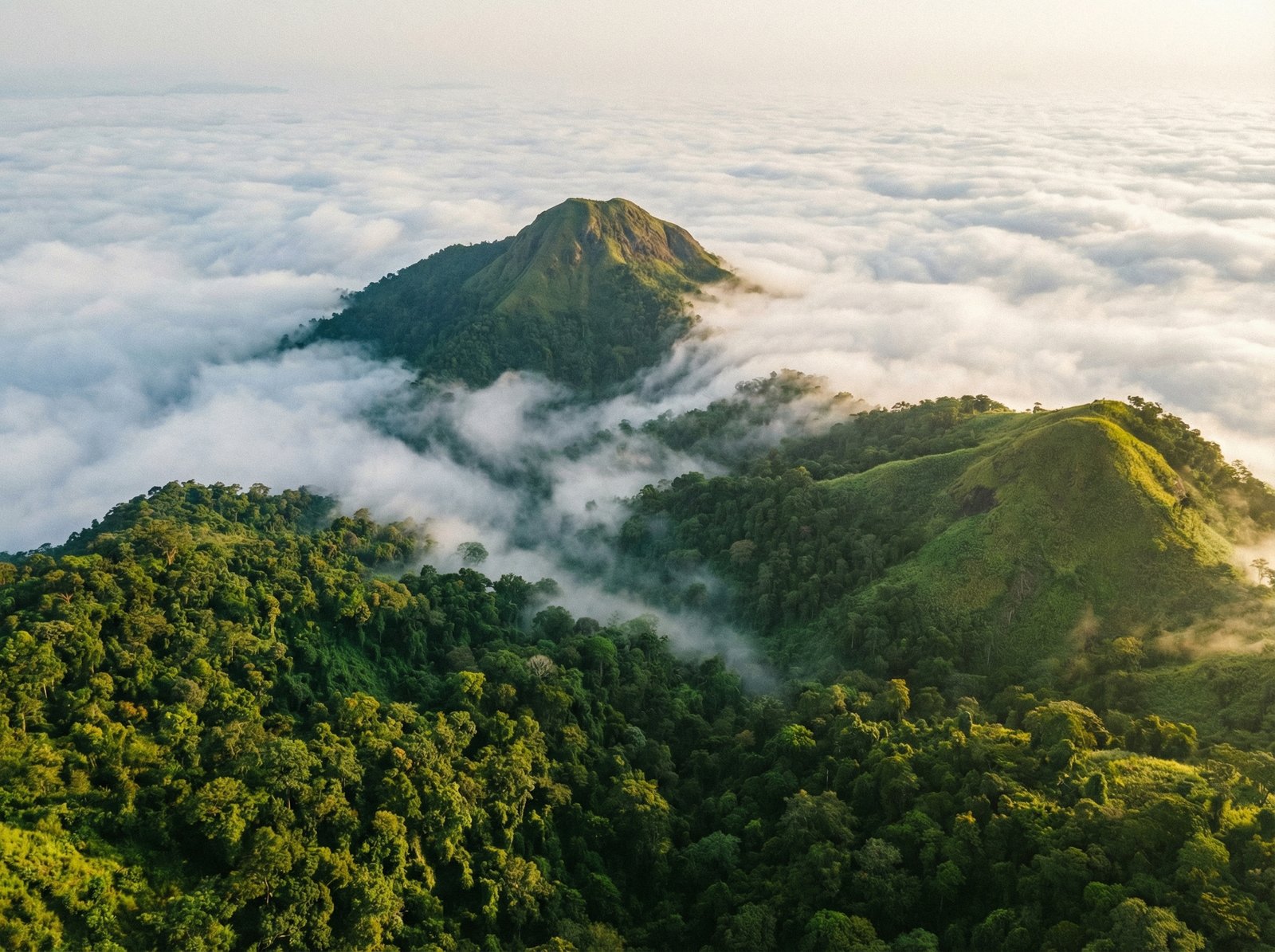 Cinematic wide shot of Mount Nimba peak emerging from thick clouds in West Africa, lush tropical vegetation, vibrant greens, aerial view, no text, 4:3
