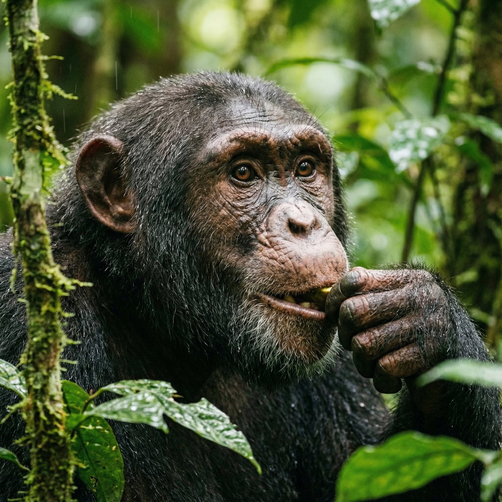 A detailed close-up of a chimpanzee in a lush African rainforest, natural behavior, soft jungle lighting, realistic photography, no text, 1:1