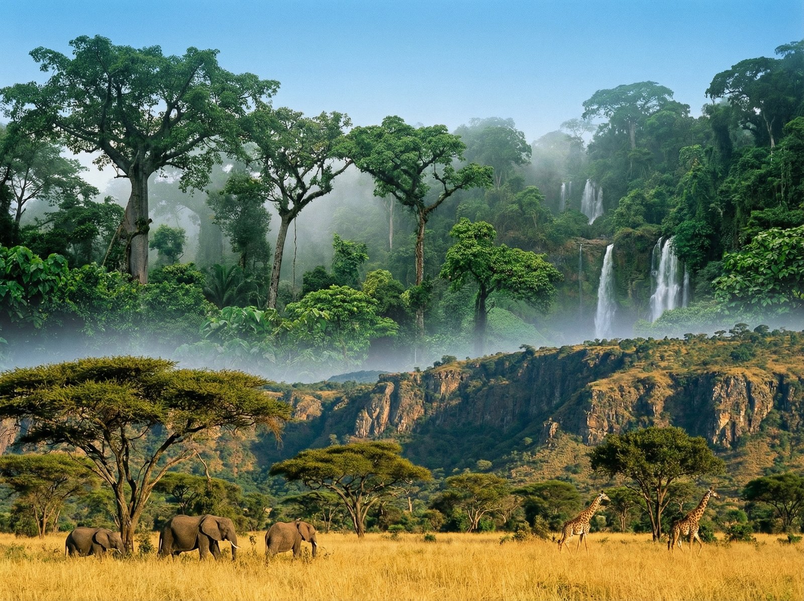 West African landscape showing the transition from savanna to dense high-altitude forest, vibrant colors, clear sky, professional nature photography, no text, 4:3