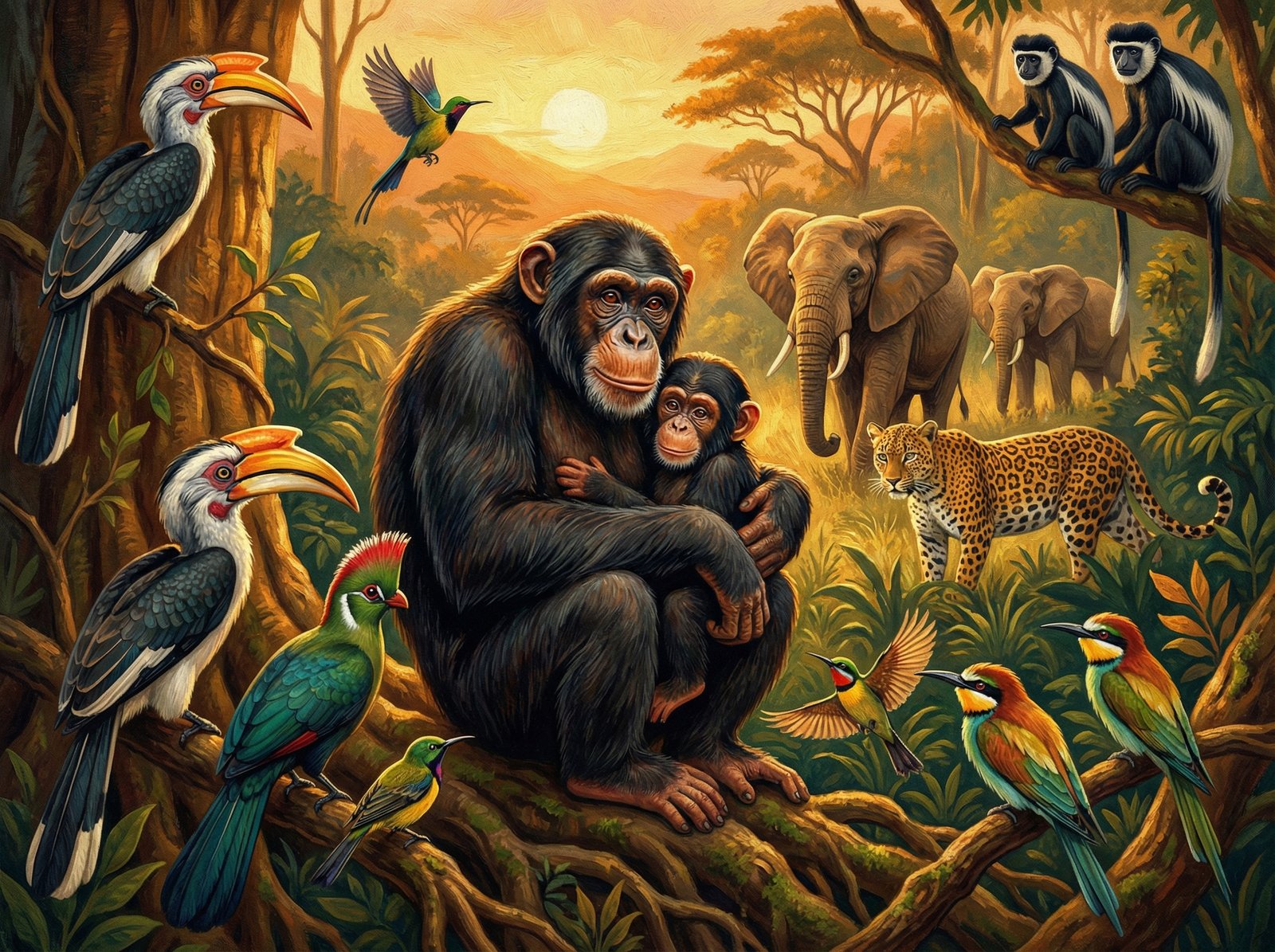 Artistic illustration of diverse African wildlife including a chimpanzee and exotic birds in a protected mountain forest, textured background, warm golden hour light, no text, 4:3