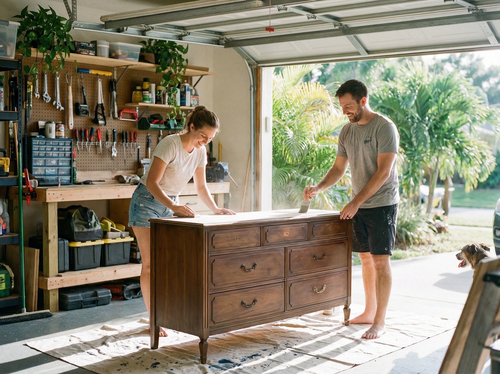 A couple is happily sanding and repainting an old wooden dresser in a sunny, well-organized garage in Florida. Natural sunlight, DIY atmosphere, high quality photography, no text, 4:3 aspect ratio.