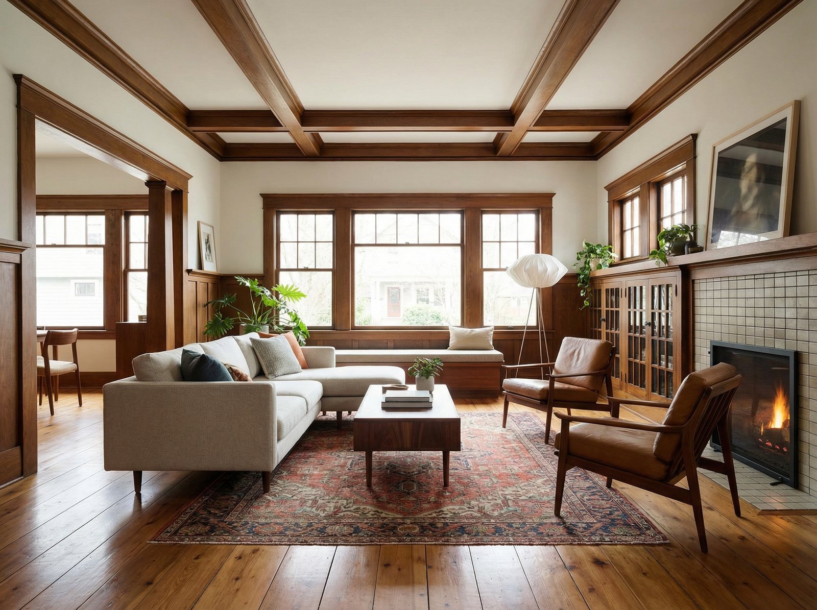 A beautifully renovated living room of a historic craftsman style home with high ceilings, warm wooden floors, and modern furniture. Bright and airy atmosphere, interior design photography, no text, 4:3 aspect ratio.