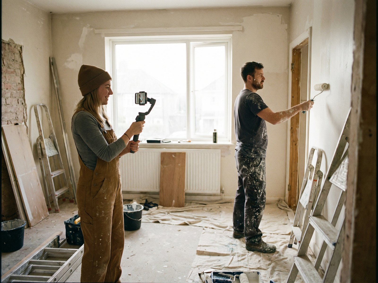 A woman holding a smartphone on a gimbal, filming a man who is painting a wall inside a house under renovation. Modern content creator vibe, natural lighting, no text, 4:3 aspect ratio.