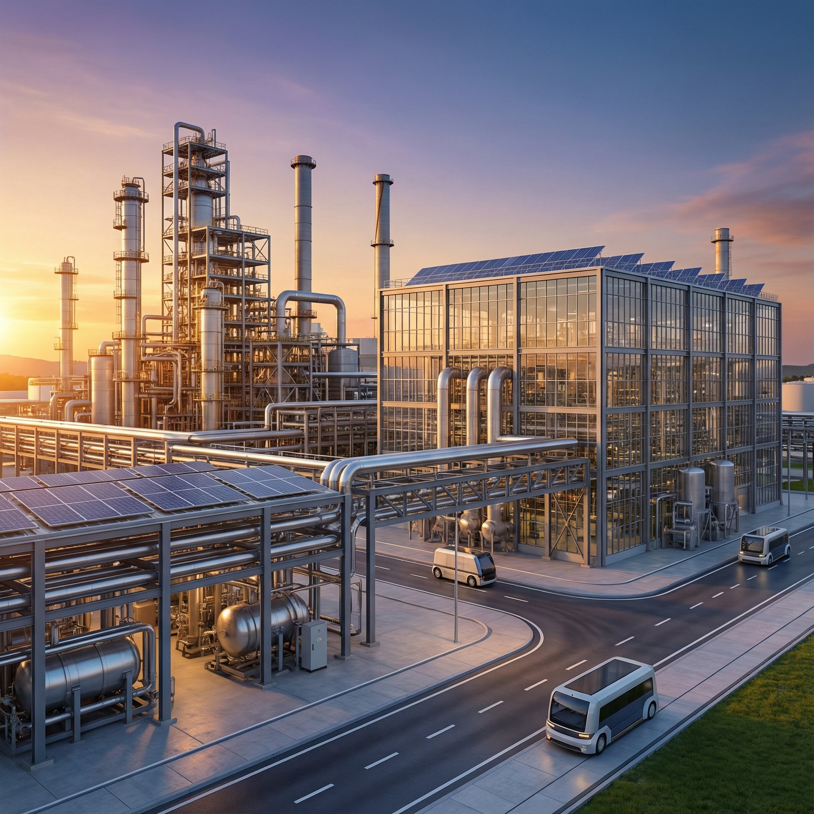 A high-tech oil refinery and a modern industrial manufacturing facility side by side, golden hour lighting, clean and professional photography style, representing industrial growth, 1:1 aspect ratio, no text.