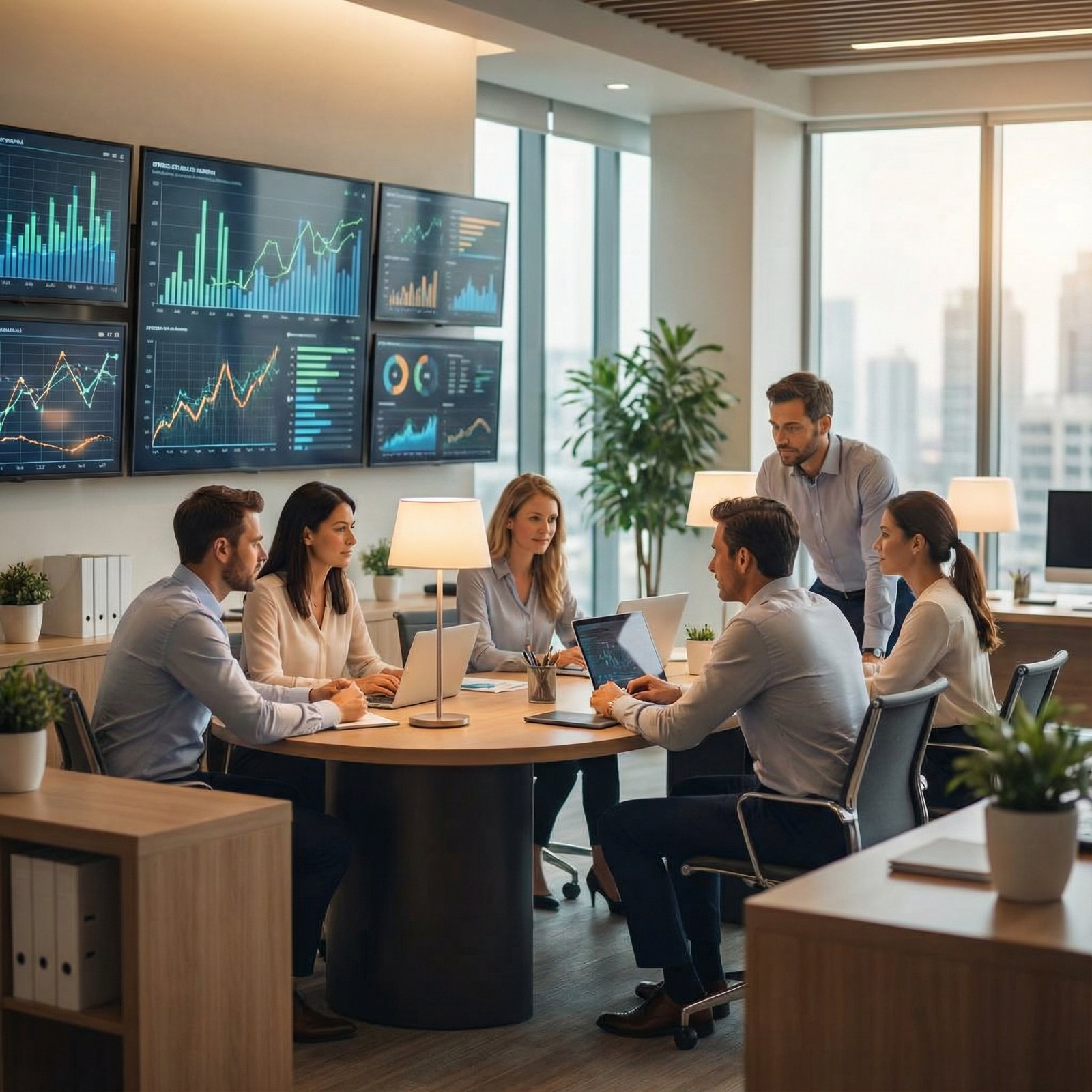 Professional stock traders and financial advisors in a modern office looking at multiple screens with glowing stock data, warm professional atmosphere, clean composition, 1:1 aspect ratio, no text.
