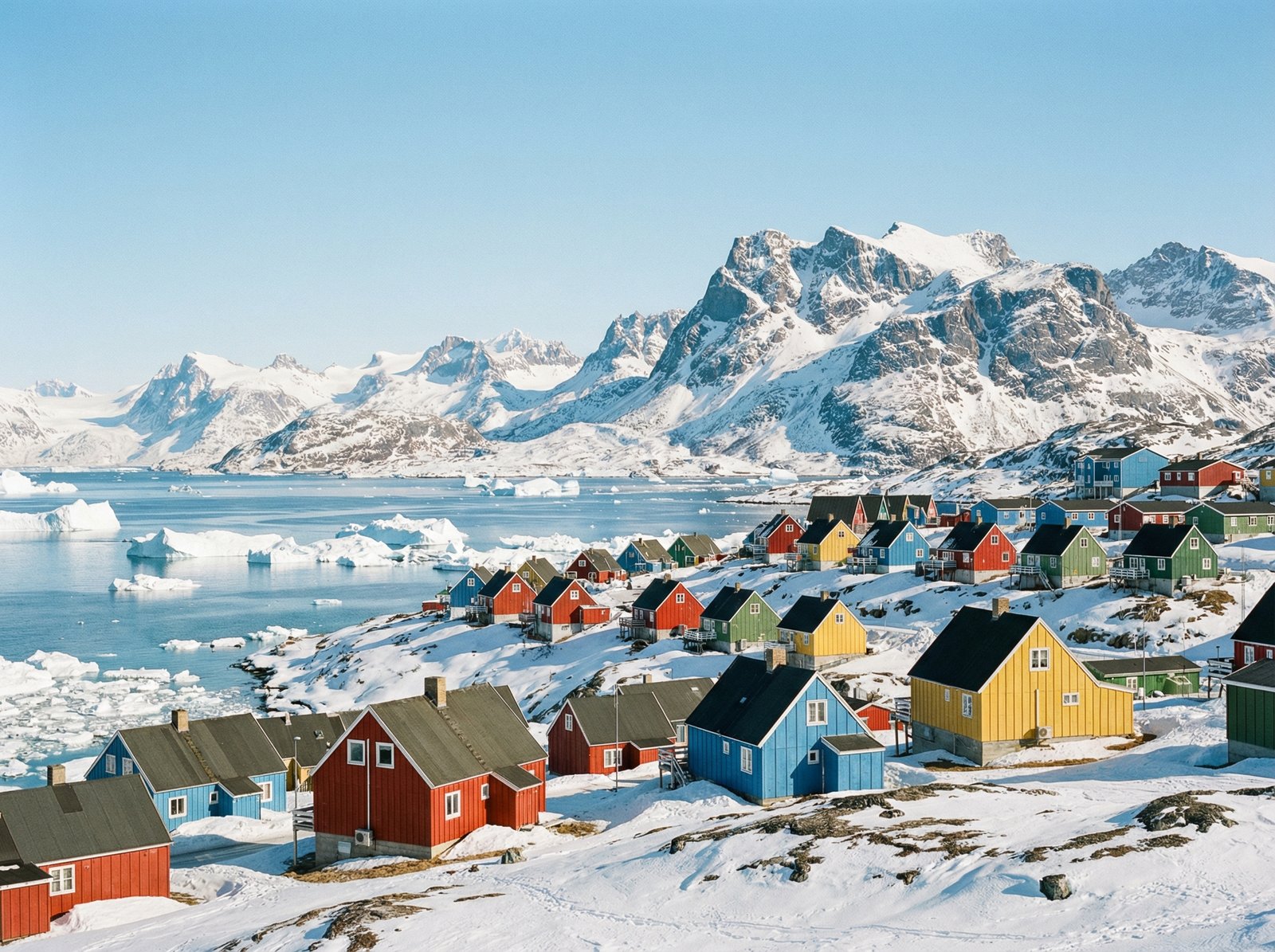 A panoramic view of colorful houses in Nuuk, Greenland, during a bright winter day, surrounded by snow-capped mountains and icy fjords, high-quality landscape photography, 4:3
