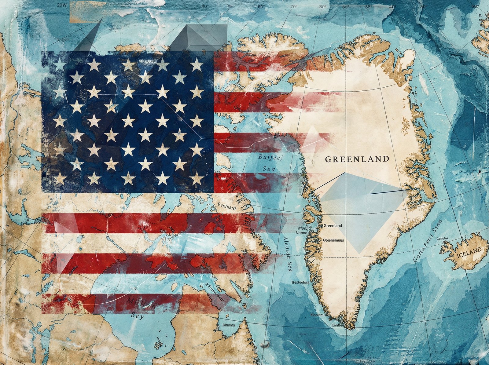 A conceptual illustration of the United States flag overlaying a map of Greenland, artistic and modern design, textured background, professional lighting, 4:3