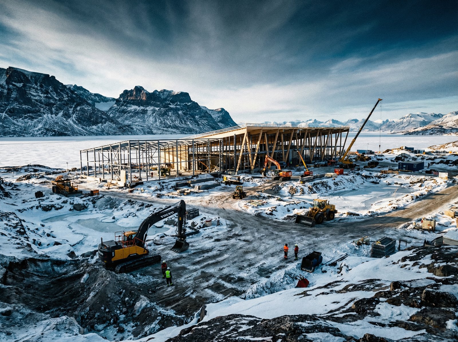 A large construction site of a modern airport terminal in Greenland, heavy machinery at work, icy environment, high contrast, wide angle, 4:3
