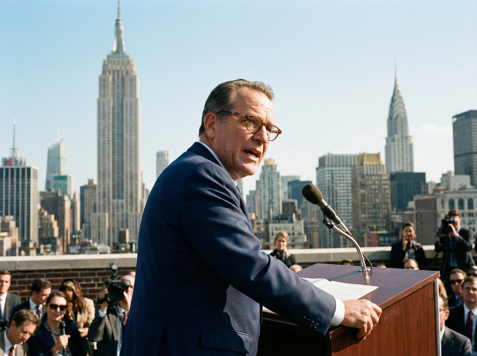 A professional and determined middle-aged man with glasses, wearing a sharp navy suit, standing confidently in front of a Manhattan cityscape background during daytime. He has an expressive face that suggests a seasoned attorney. The lighting is bright and cinematic, capturing a moment of a political announcement. 4:3 aspect ratio, high resolution, no text.