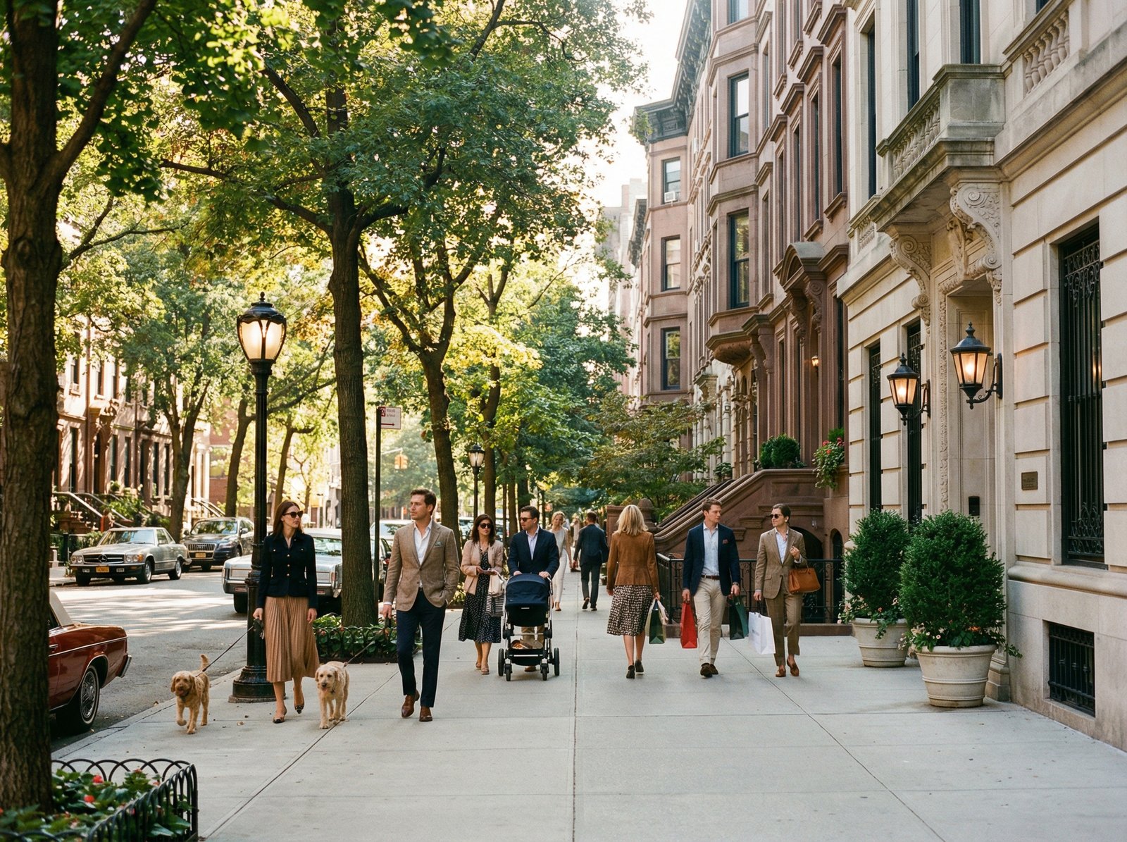 A scenic and wealthy street view of Manhattan's Upper West Side with classic brownstone buildings, green trees, and a clean sidewalk. People are walking naturally in a sophisticated urban setting. Warm afternoon sunlight filtering through the trees, photography style, vivid colors. 4:3 aspect ratio, no text.