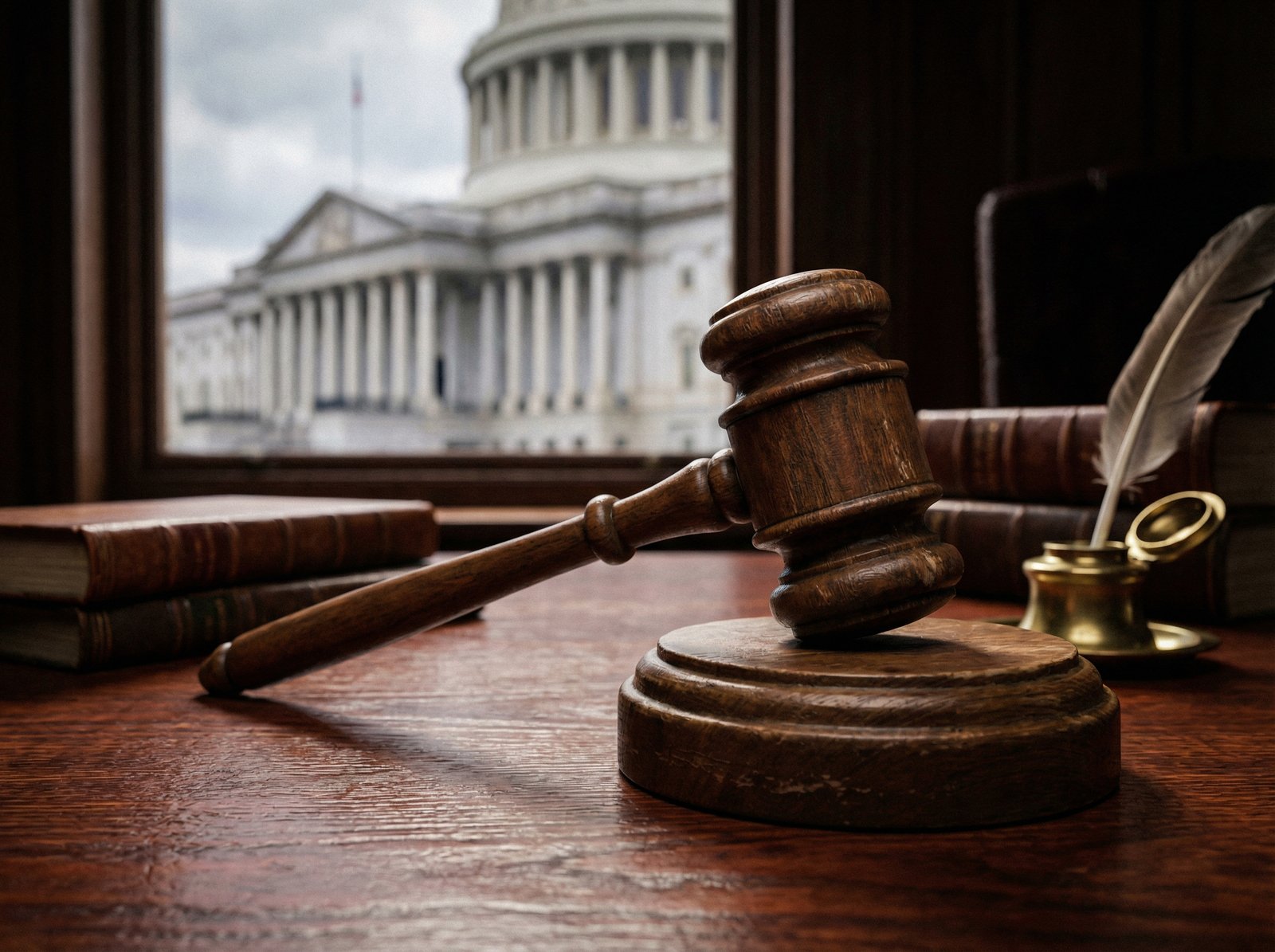 A detailed composition featuring a gavel on a mahogany desk with a blurred background of a classical government building with columns. Representing law, justice, and the legislative process. Professional lighting, deep shadows, textured wood. 4:3 aspect ratio, no text.