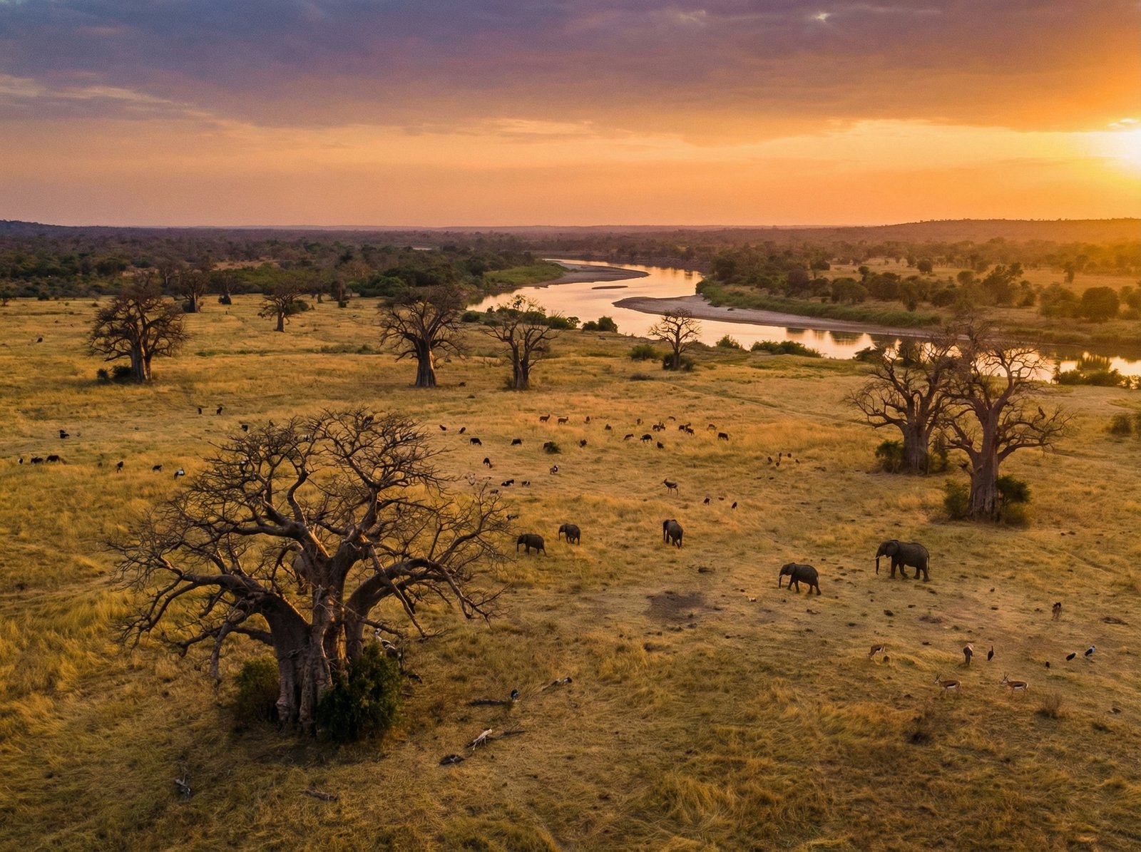 Wide panoramic view of the Niokolo-Koba National Park in Senegal showing vast savanna plains at sunset, scattered baobab trees, Gambian river flowing in the distance, cinematic warm lighting, high detail, 4:3 aspect ratio, no text.