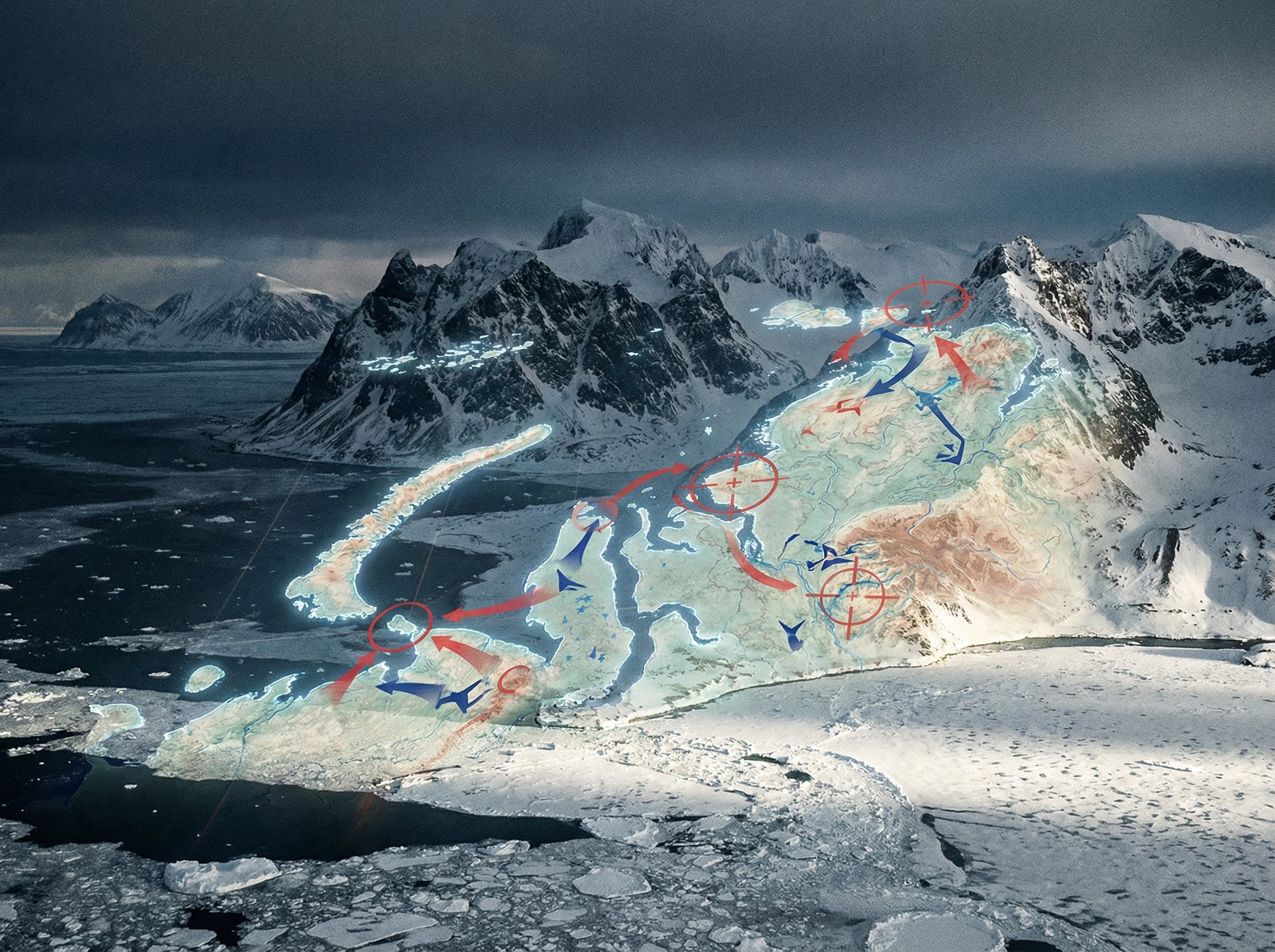 A cinematic and high-contrast image of the Arctic landscape with Greenland's icy mountains, a map of the region overlaying the scene, showing a strategic military focus, high quality, 4:3 aspect ratio, no text.