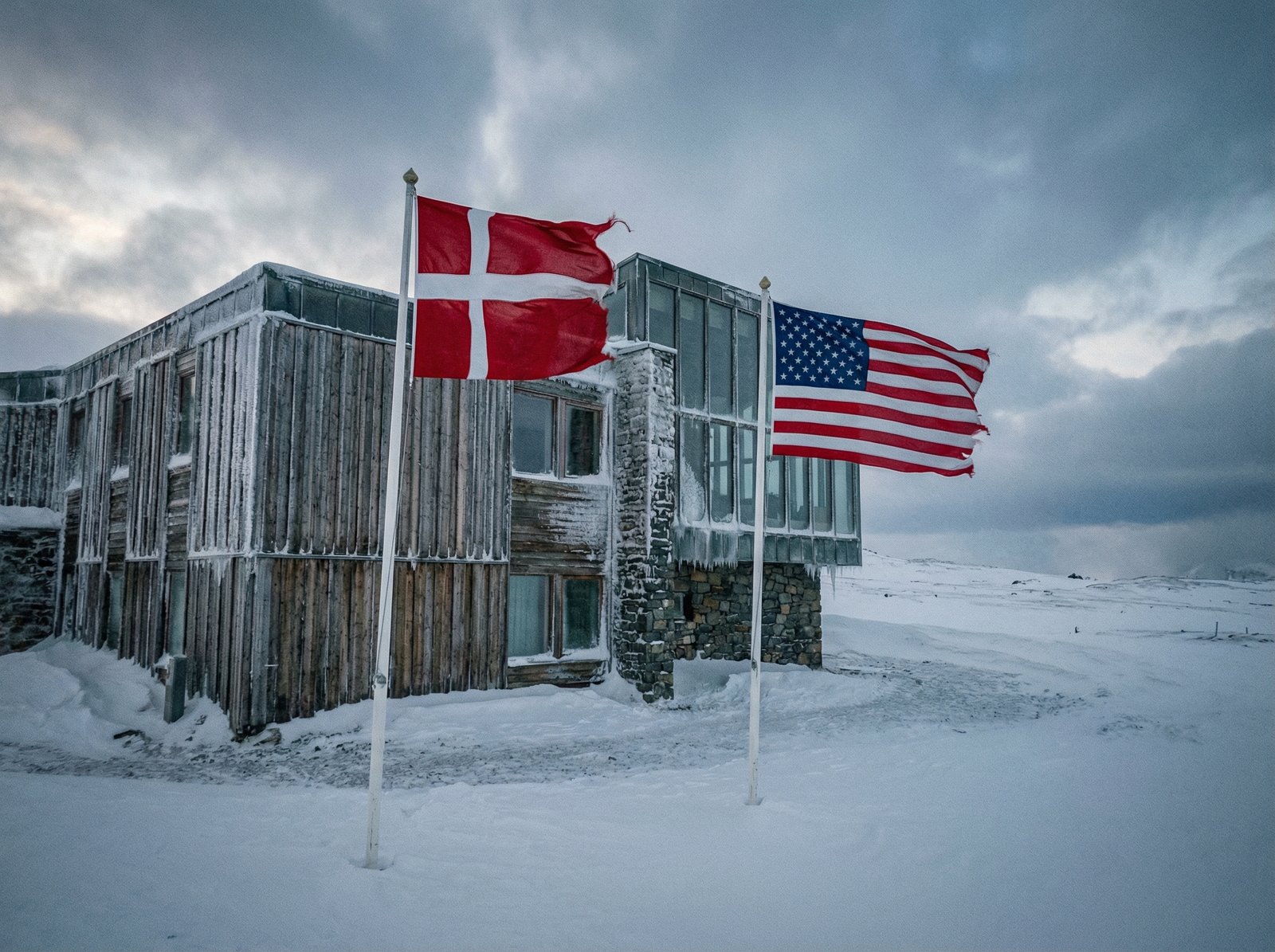 A realistic photo of the Danish and American flags flying in a cold, windy Arctic environment with a diplomatic building in the background, soft natural lighting, high contrast, 4:3 aspect ratio, no text.