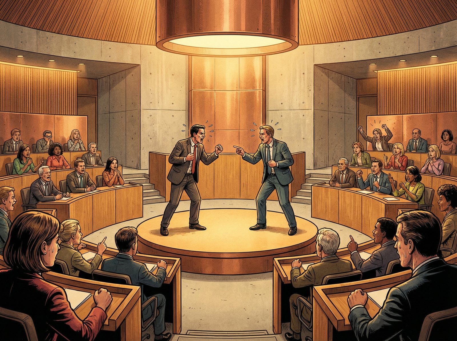 A detailed illustration of a modern political debating chamber, focusing on the tension and intensity, warm lighting, centered focus, high quality, 4:3 aspect ratio, no text.
