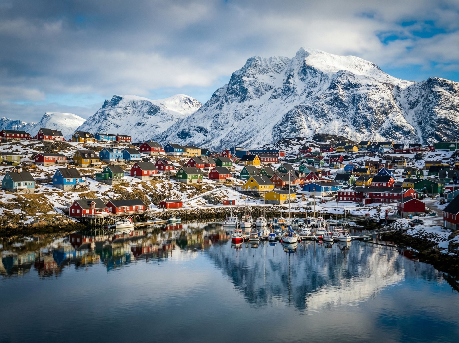 A wide drone view of Nuuk, Greenland, featuring colorful houses against a backdrop of snowy mountains and a calm harbor, high contrast, vivid colors, 4:3 aspect ratio, no text.