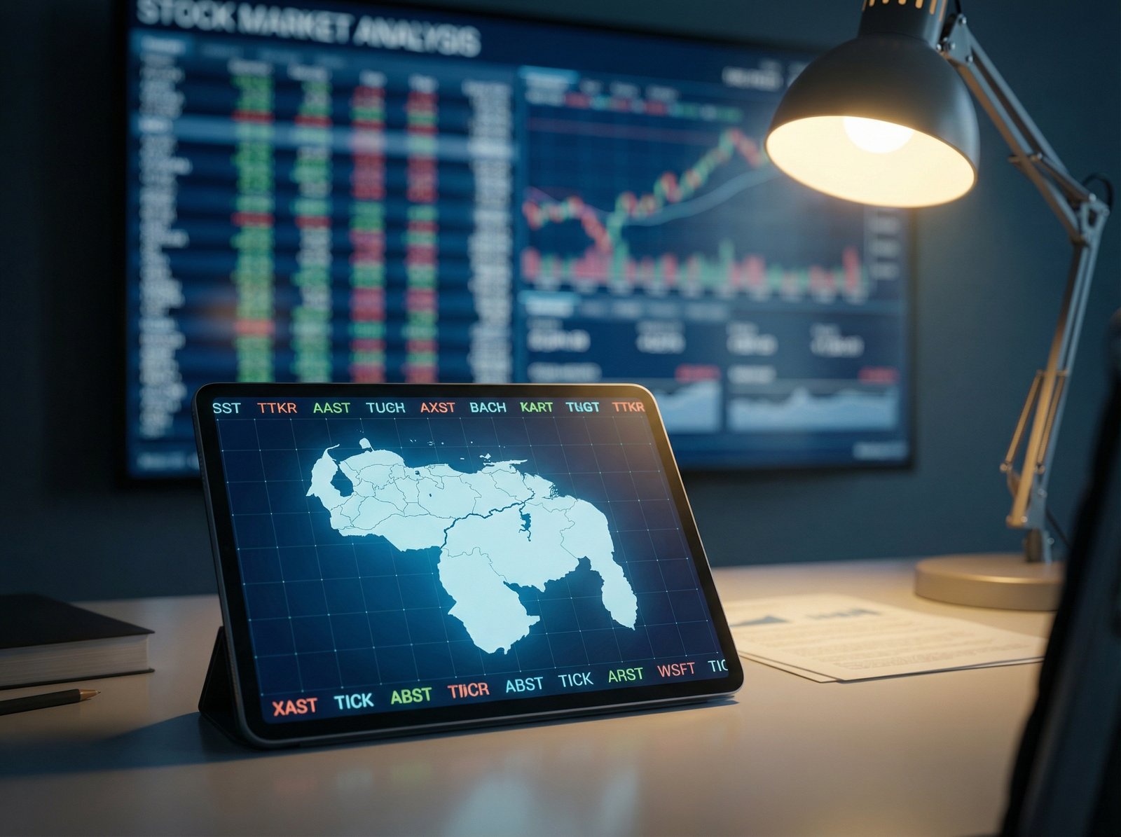 A professional office desk with a digital tablet showing a map of Venezuela and various stock market tickers in the background. The lighting is focused and modern, representing financial news analysis. 4:3 aspect ratio, no text.