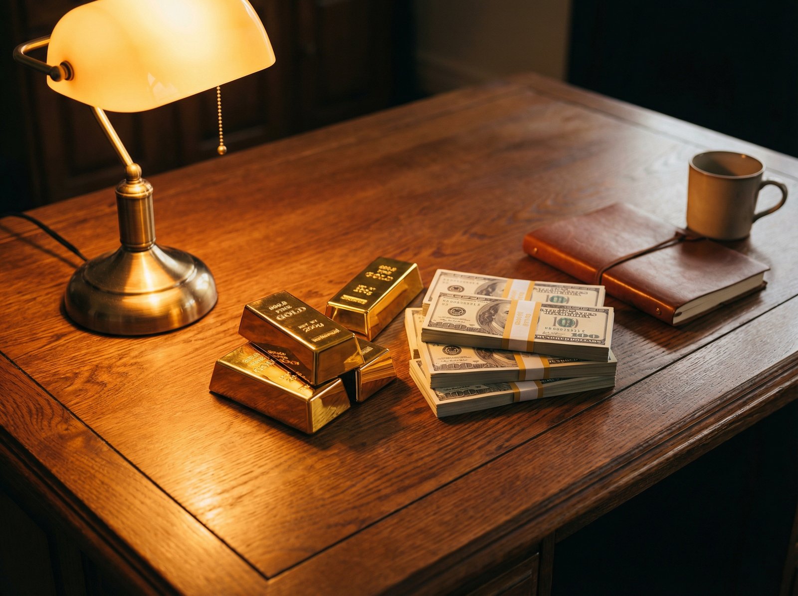A high-quality lifestyle photograph featuring gold bars and stacks of hundred-dollar bills on a dark wooden table. Soft, warm lighting creating a sense of financial security and stability. 4:3 aspect ratio, no text.
