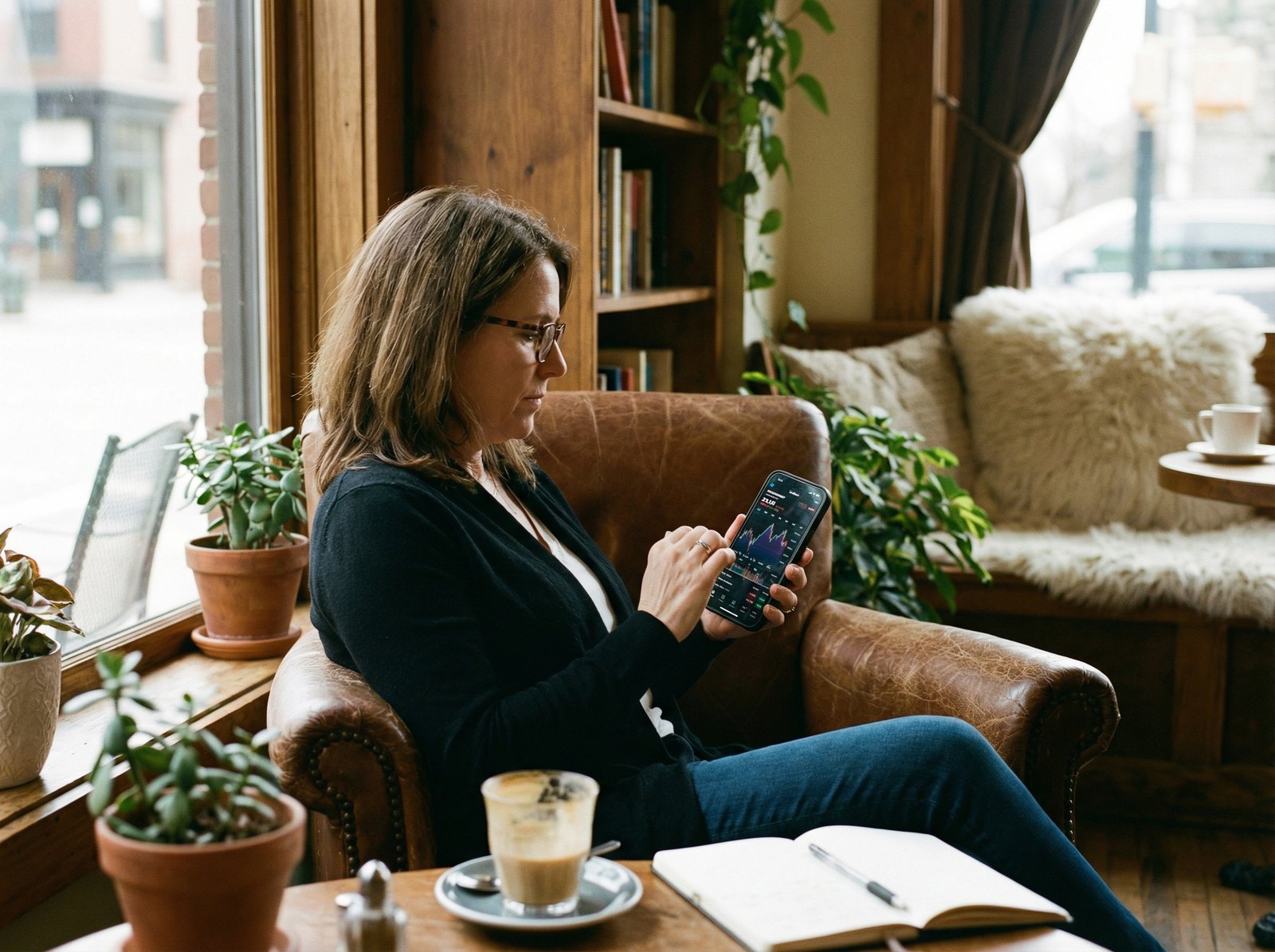 A person looking at a smartphone with financial charts in a cozy cafe setting. The atmosphere is calm and thoughtful, suggesting long-term investment planning. Natural lighting, 4:3 aspect ratio, no text.