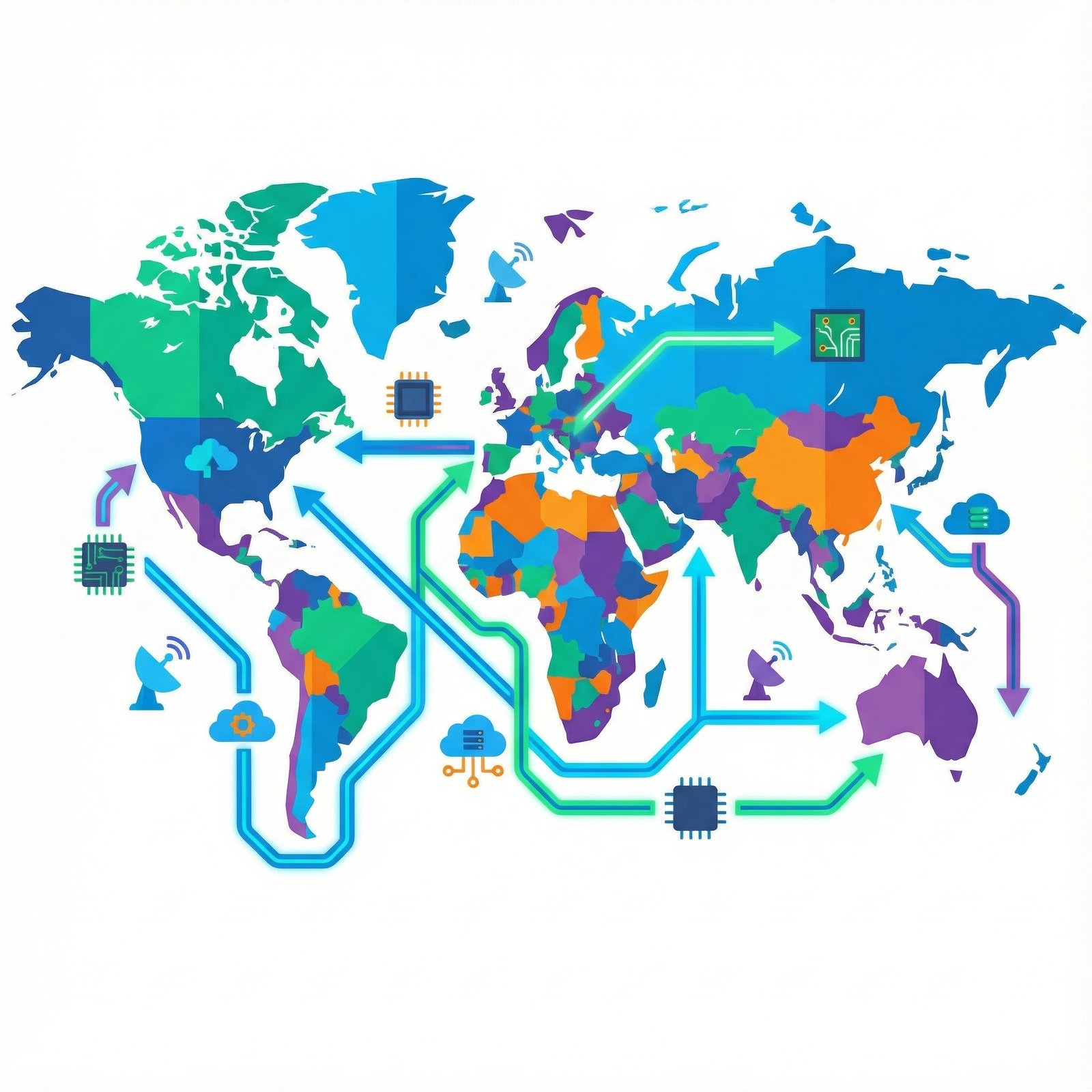 Global logistics map with tech icons representing semiconductor trade between countries, modern flat design, vibrant colors, 1:1, no text