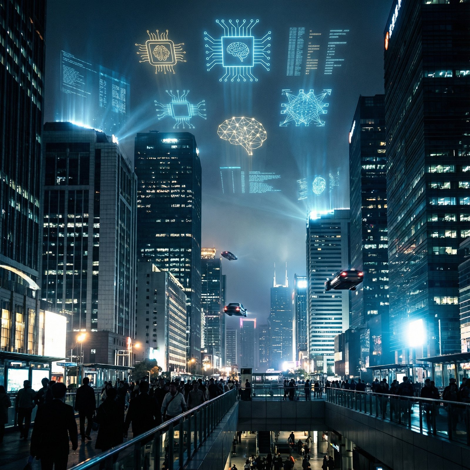 A bustling futuristic city with AI and data symbols glowing in the sky, high contrast, cinematic atmosphere, 1:1, no text