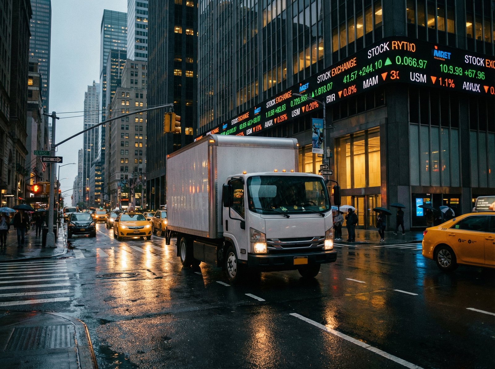 A professional photograph of a delivery truck in a busy metropolitan area near a stock exchange, modern city atmosphere, cinematic lighting, 4:3, no text