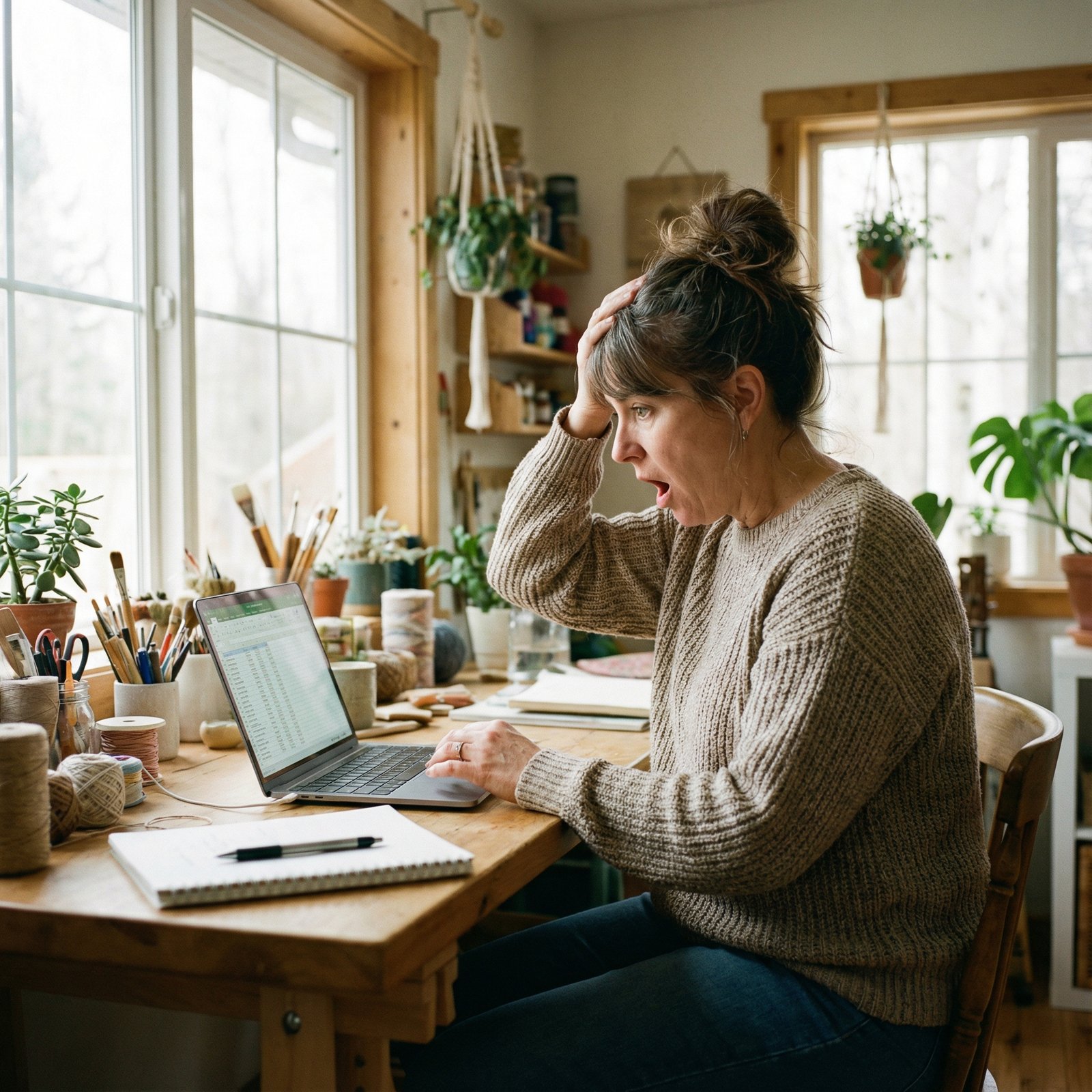 A small business owner in a cozy studio looking surprised and frustrated while looking at a laptop screen, natural indoor lighting, realistic lifestyle photography, 1:1, no text