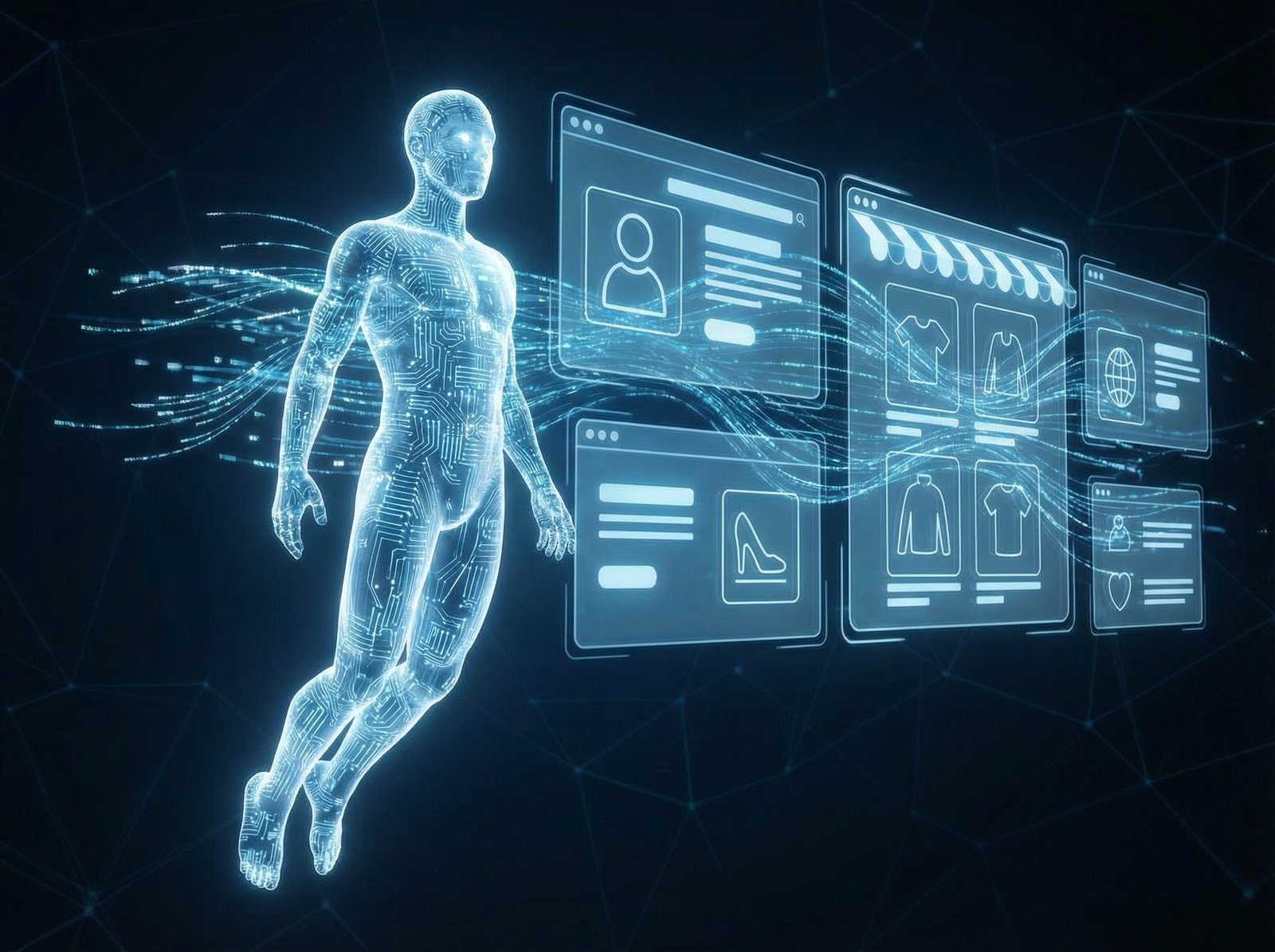 A conceptual illustration of a digital AI agent browsing multiple online store windows, futuristic and clean interface, glowing blue and white tones, 4:3, no text