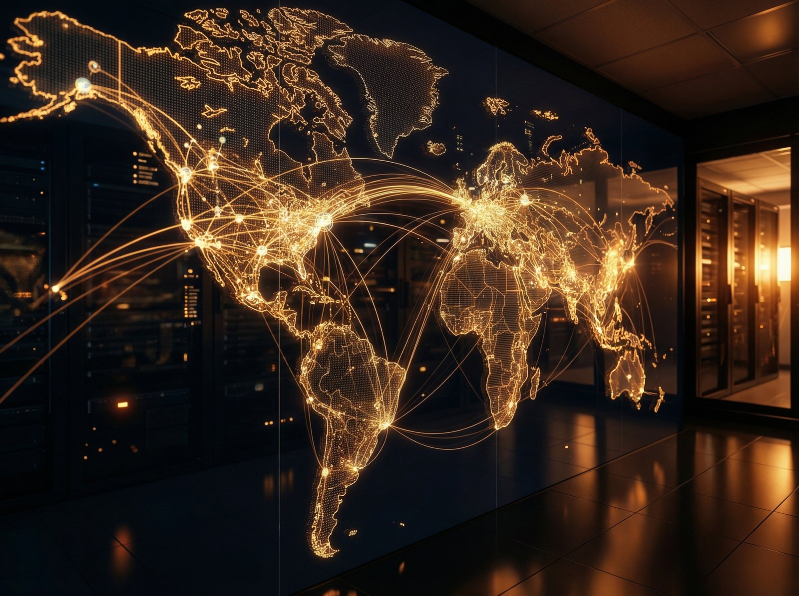 A wide angle view of a stylized digital map showing connections between global online retailers, sophisticated data visualization style, warm amber lighting, 4:3, no text