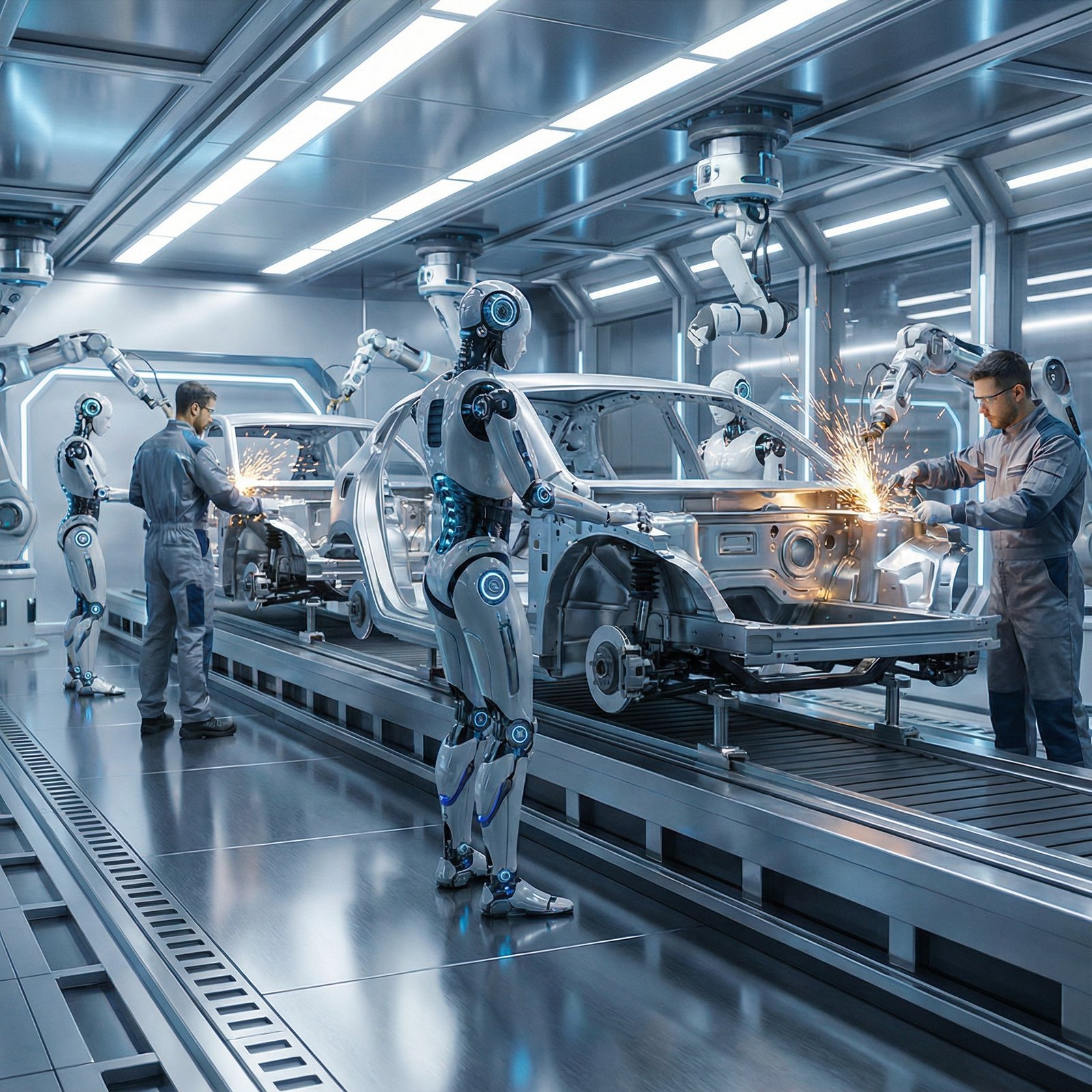 Futuristic humanoid robots working alongside humans in a high-tech car manufacturing plant, sleek metallic surfaces, bright lighting, realistic style, 1:1 aspect ratio, no text