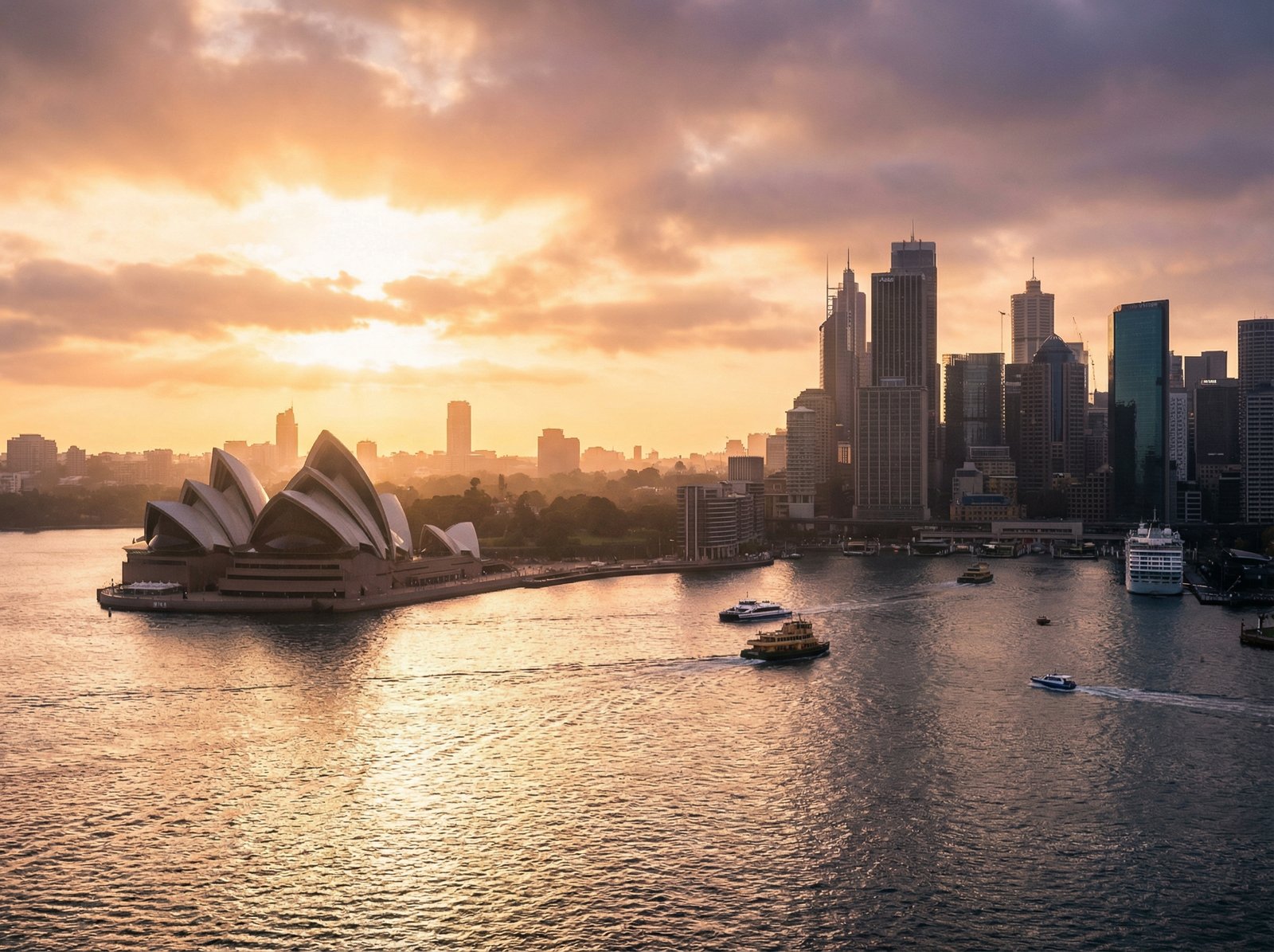 Sunrise over Sydney Opera House and harbor with modern city skyline, golden hour lighting, cinematic atmosphere, 4:3 aspect ratio, no text