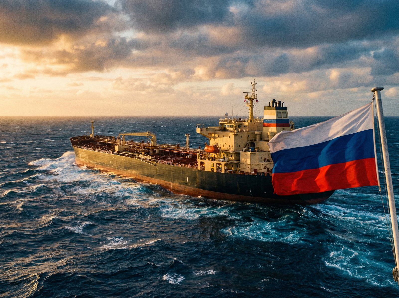 A massive oil tanker sailing on the deep blue ocean, flying a clear Russian flag at the stern, modern maritime photography style, high contrast, cinematic lighting, 4:3 aspect ratio, no text