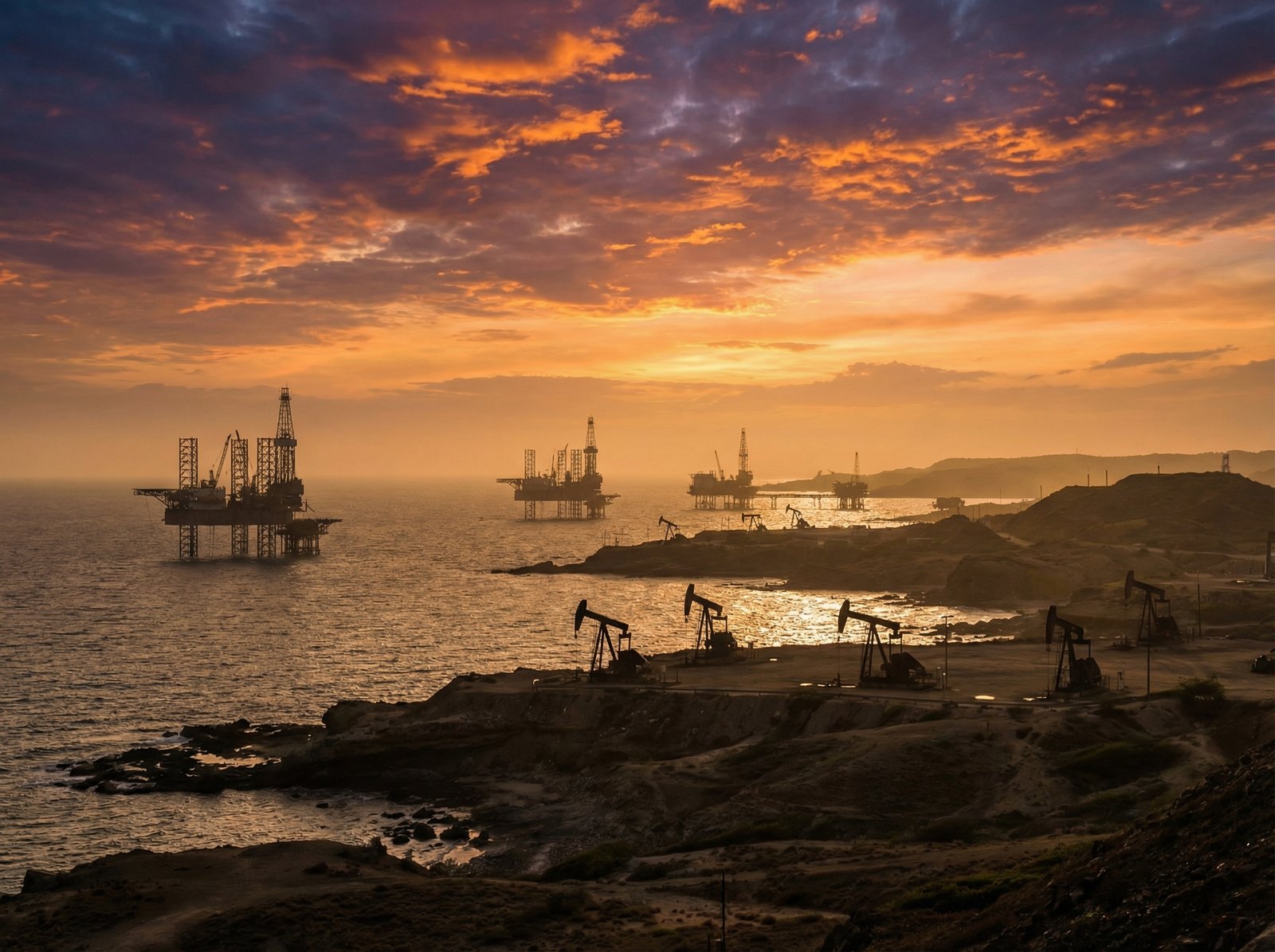 Silhouette of offshore oil rigs and pumpjacks along the Venezuelan coastline during a dramatic golden sunset, warm lighting, professional architectural photography, 4:3 aspect ratio, no text