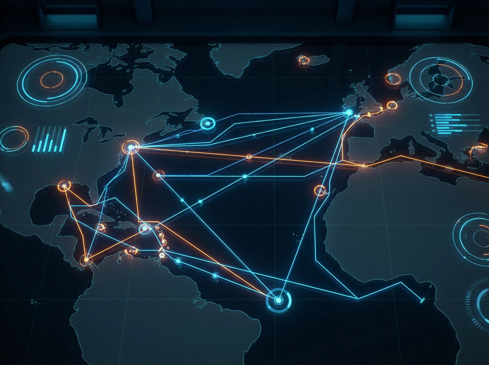 A stylized digital maritime tracking screen showing glowing vessel routes and points across the Atlantic Ocean, high-tech interface, cool blue and orange neon tones, 4:3 aspect ratio, no text
