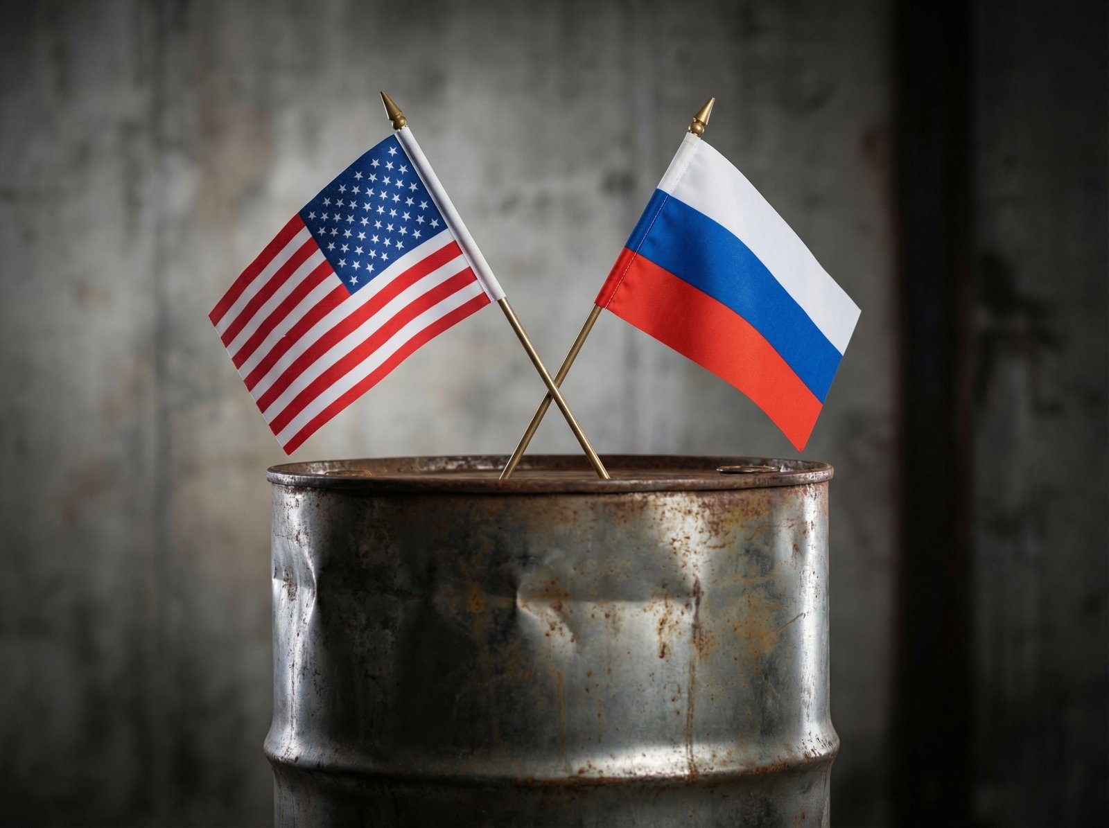 Two miniature flags of the USA and Russia placed on top of a metallic oil barrel, symbolic of geopolitical tension, studio lighting, textured background, 4:3 aspect ratio, no text
