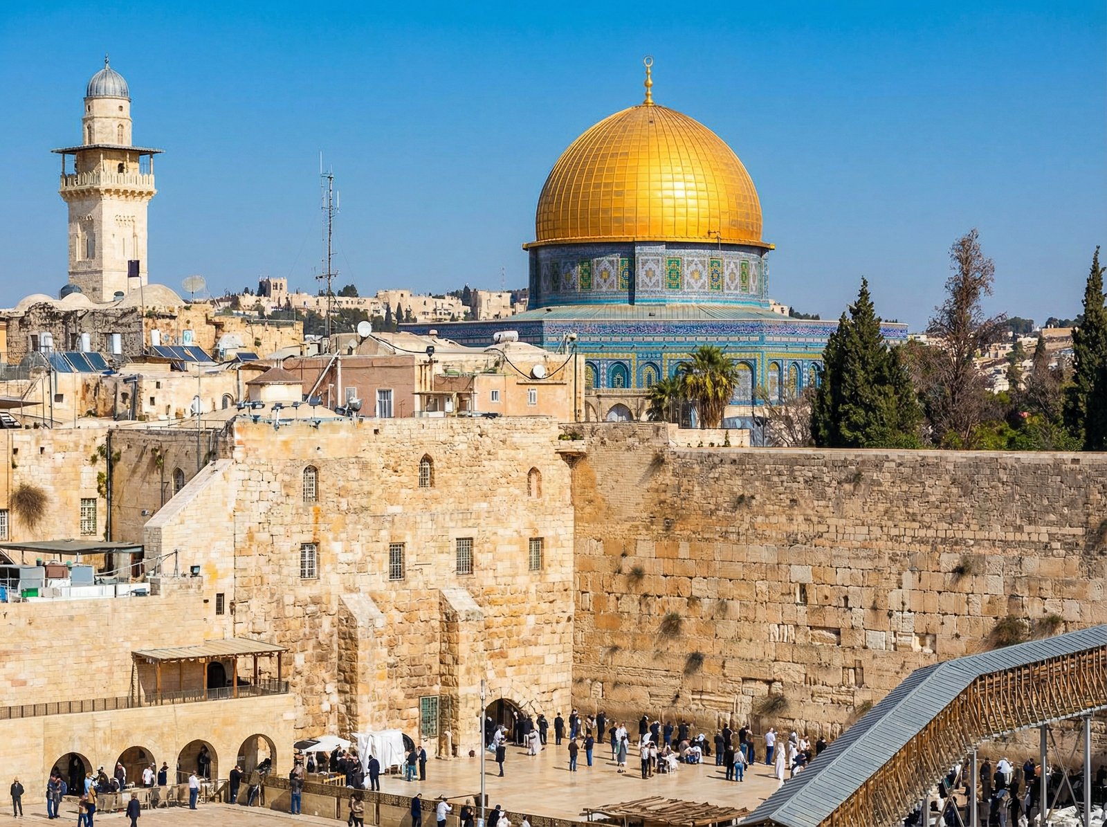 Majestic view of the Dome of the Rock with the Western Wall in the foreground, vibrant colors, clear sky, religious landmark architecture, 4:3 ratio, no text.