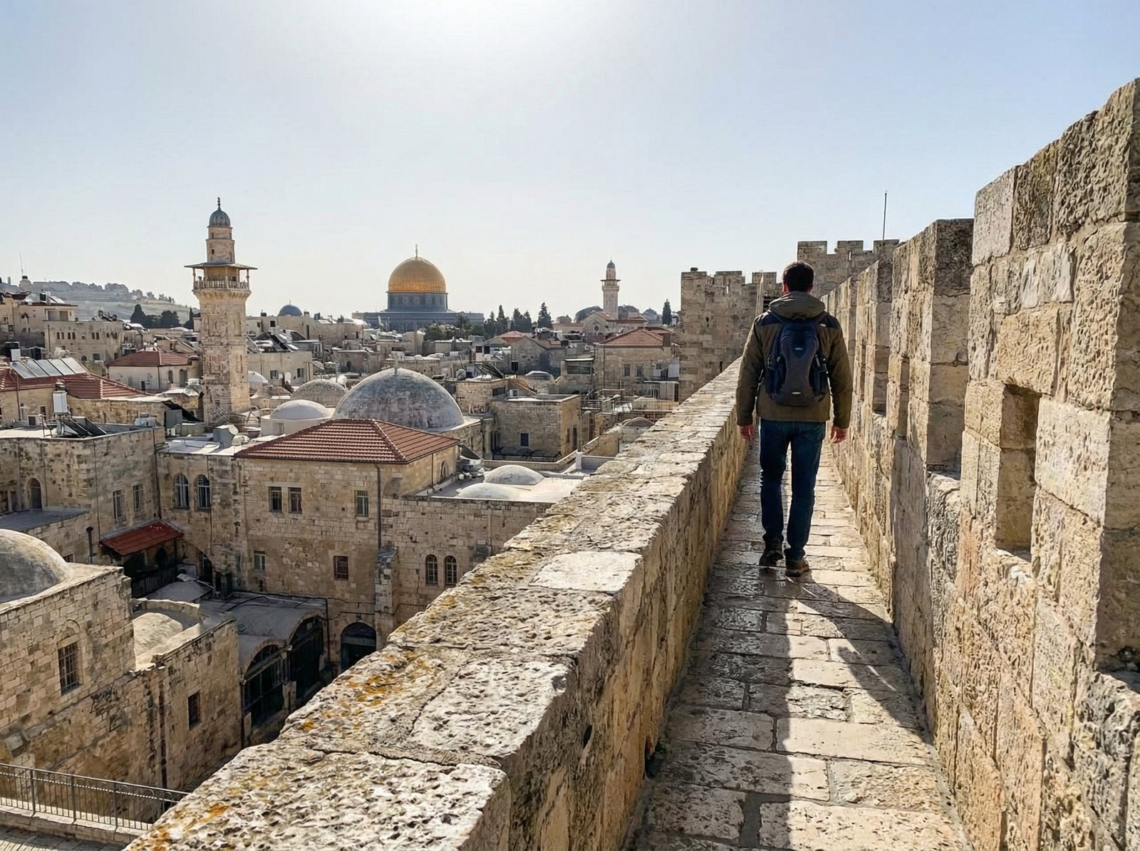 A person walking on the historic stone Ramparts Walk overlooking the stone houses and roofs of Jerusalem, bright daylight, realistic style, 4:3 ratio, no text.