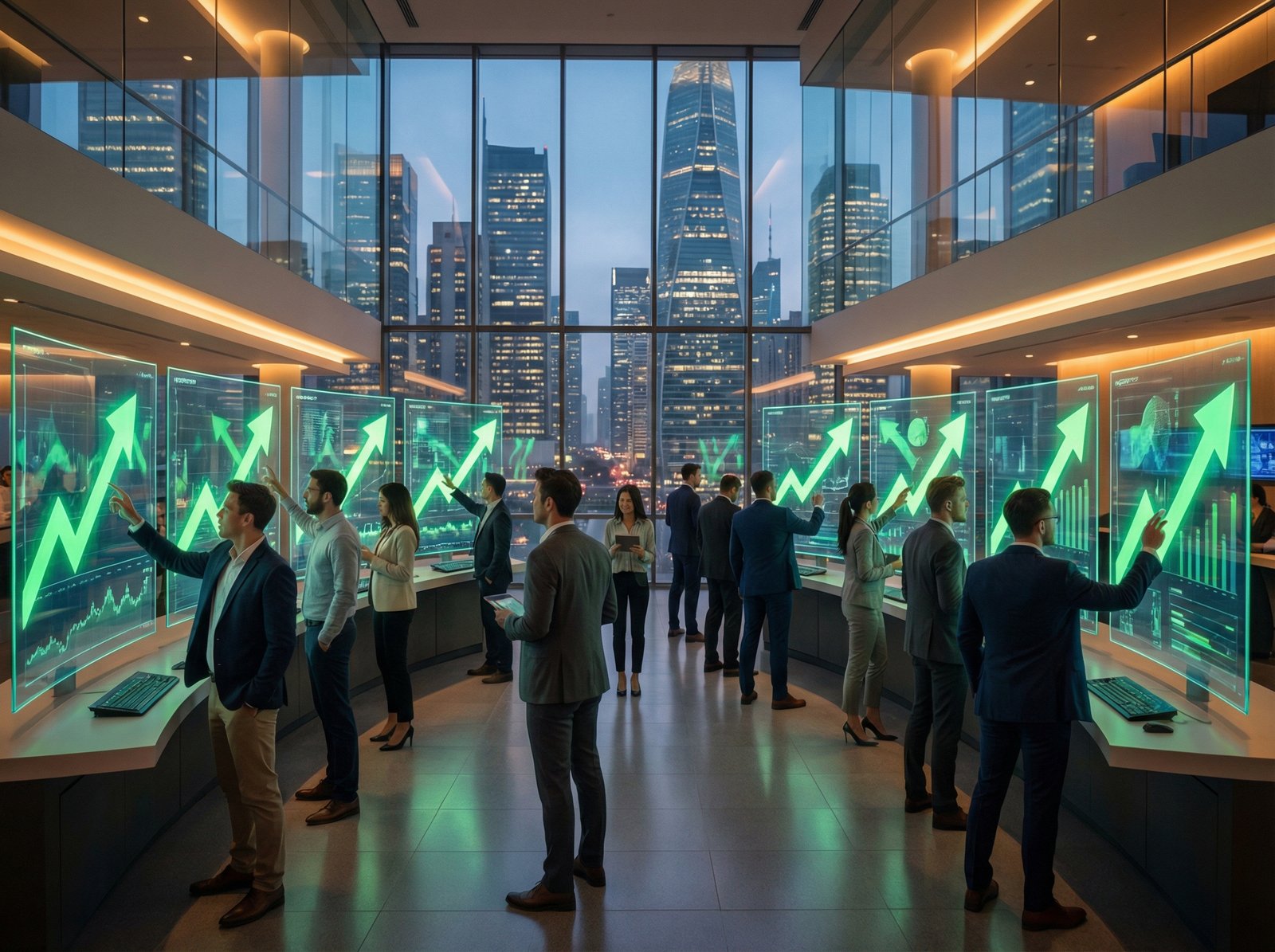 A vibrant stock market trading floor in 2026, glowing digital screens with upward green arrows, busy atmosphere, modern financial district backdrop, cinematic lighting, aspect ratio 4:3, no text