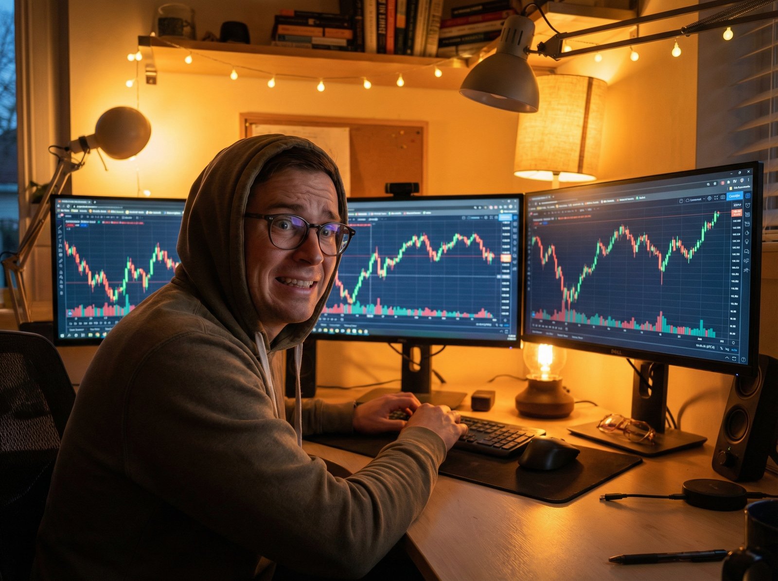 A person looking at multiple monitors with stock candles, expressions of excitement and anxiety, warm home office lighting, photorealistic, aspect ratio 4:3, no text