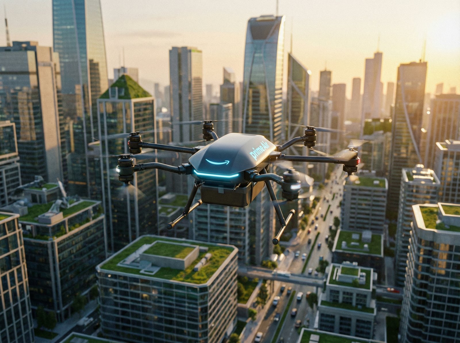 High-tech Amazon delivery drone flying over a modern city, sunset lighting, professional photography style, sharp focus on the drone, aspect ratio 4:3, no text