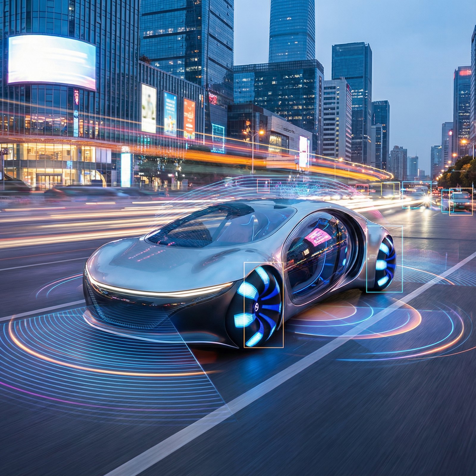 A sleek electric vehicle driving through a modern city at dusk with digital overlays showing autonomous driving sensors and data streams, 1:1, vibrant lighting, no text, realistic photography style.