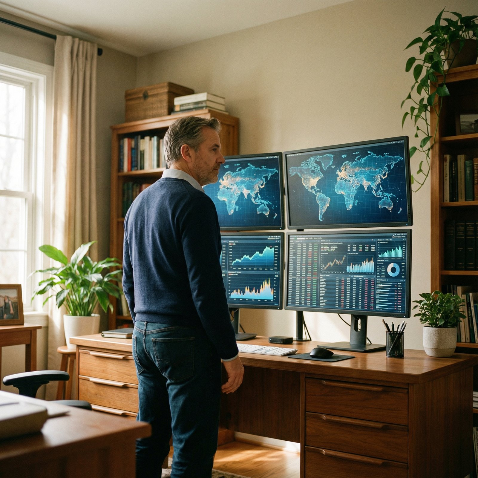 A person looking thoughtfully at multiple clean monitors displaying global stock market maps and financial data in a home office, warm natural lighting from a window, 1:1, professional atmosphere, no text.