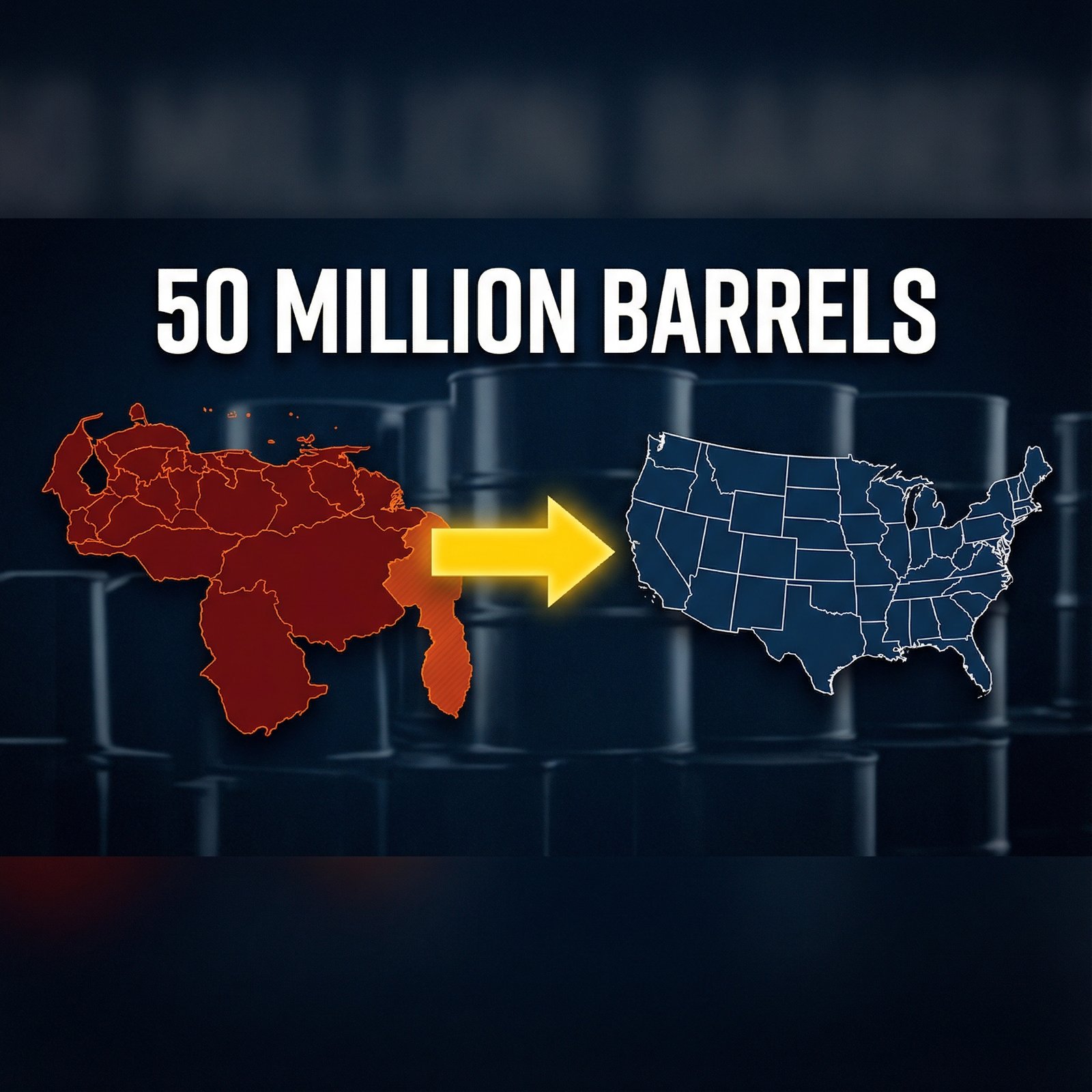 A professional news-style infographic showing the map of Venezuela and the United States with an arrow indicating oil transfer, large text 50 Million Barrels, oil barrels in the background, high contrast, modern layout, 1:1, no text