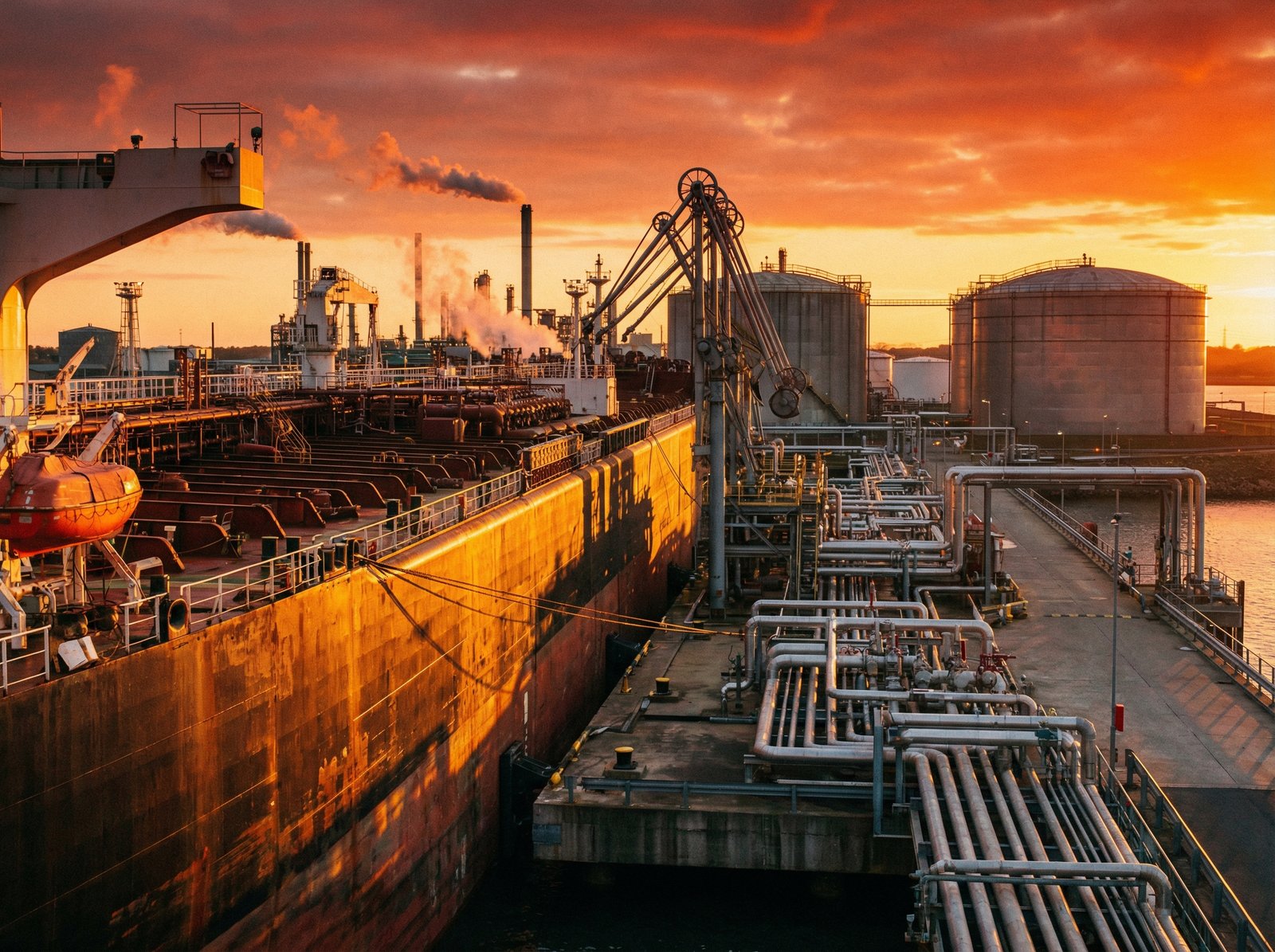 A massive oil tanker docked at a modern refinery pier, sunset lighting, industrial pipes and storage tanks, realistic photography, warm lighting, 4:3, no text