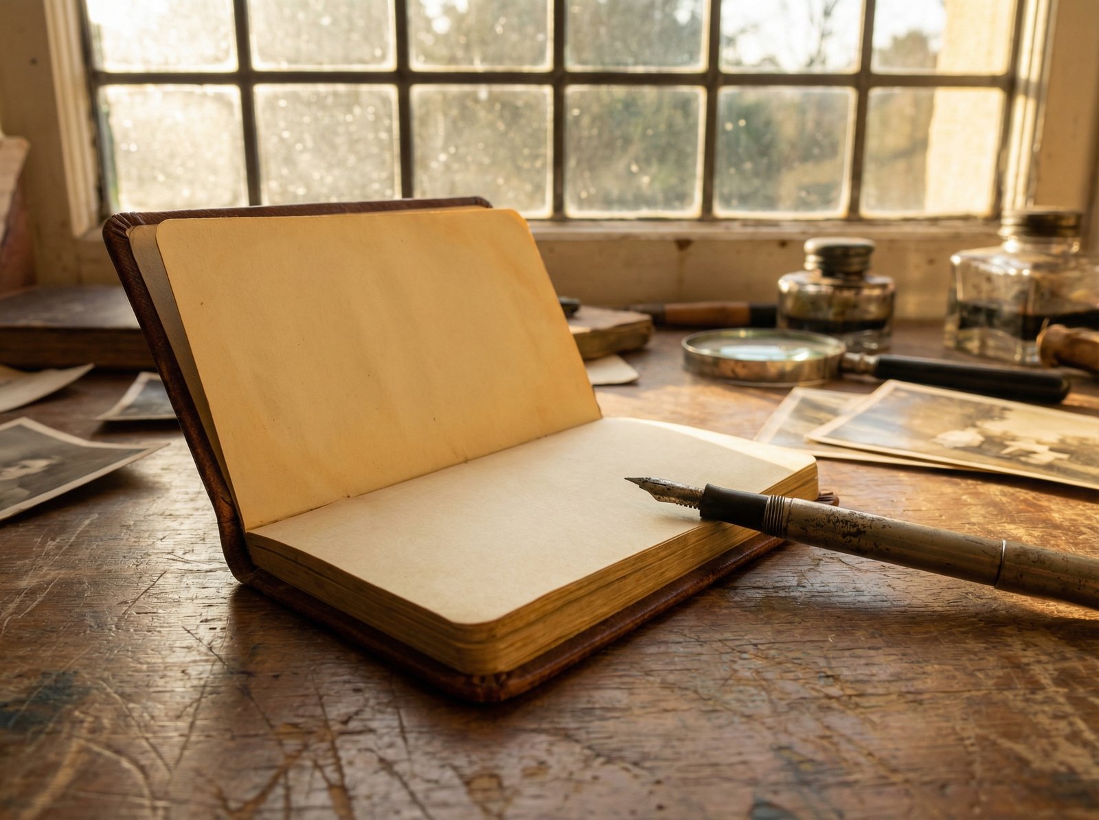 An old leather bank passbook on a rustic wooden desk with a vintage fountain pen, warm sunlight filtering through a window, nostalgic atmosphere, 4:3, no text