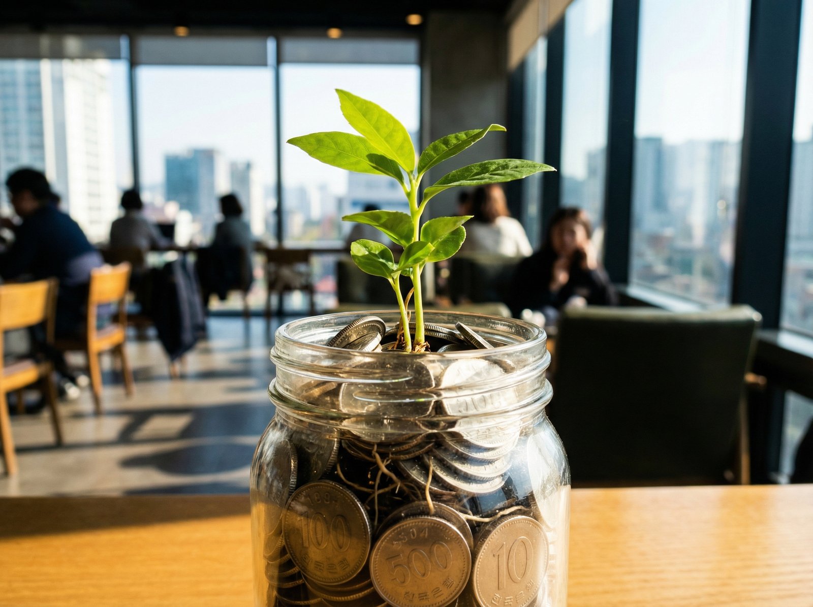 A small green sprout growing out of a glass jar filled with Korean won coins, bright and modern blurred background, high contrast, 4:3, no text