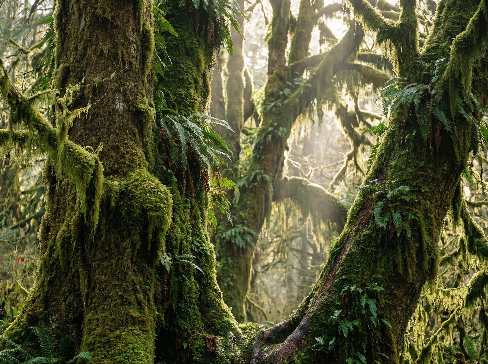 Close-up of ancient trees draped in lush green clubmoss in the Hoh Rain Forest, soft sunlight filtering through the canopy, temperate rainforest atmosphere, extremely detailed textures, 4:3, professional photography, natural lighting, no text.